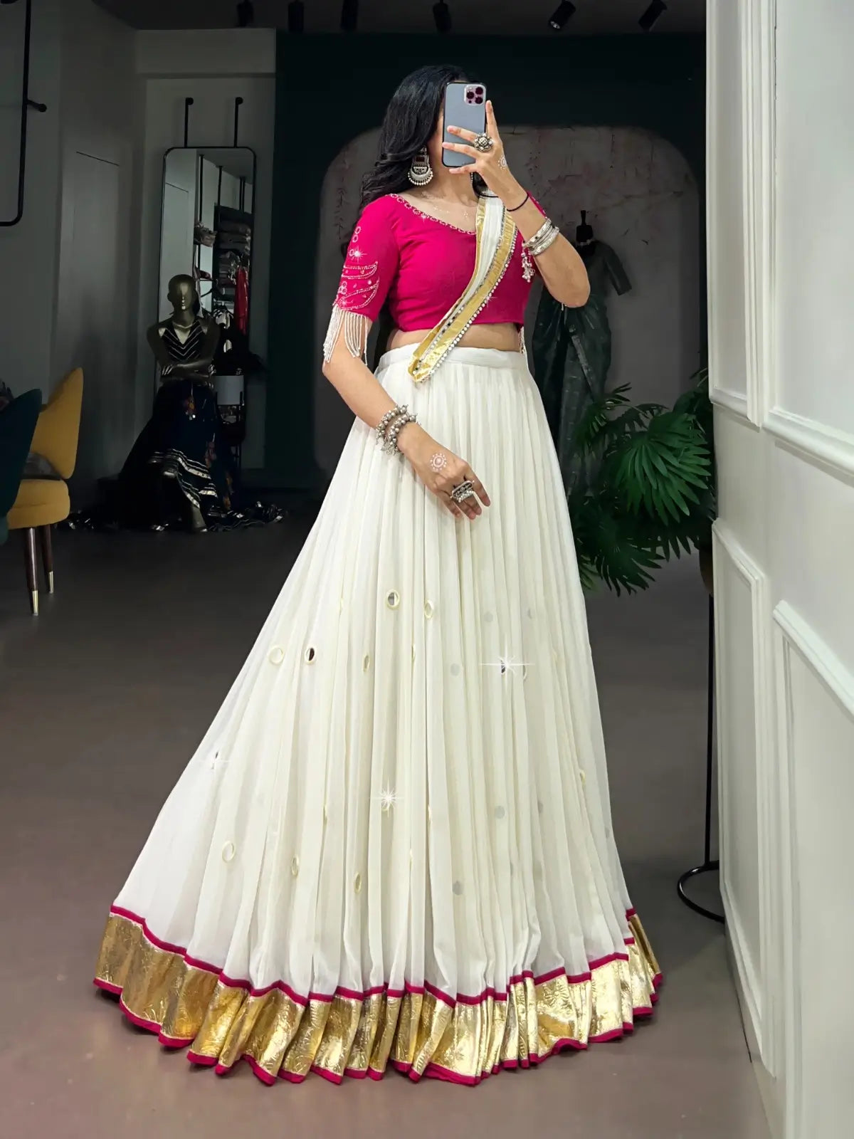 White Mirror & Pearl Work Navratri Lehenga Choli