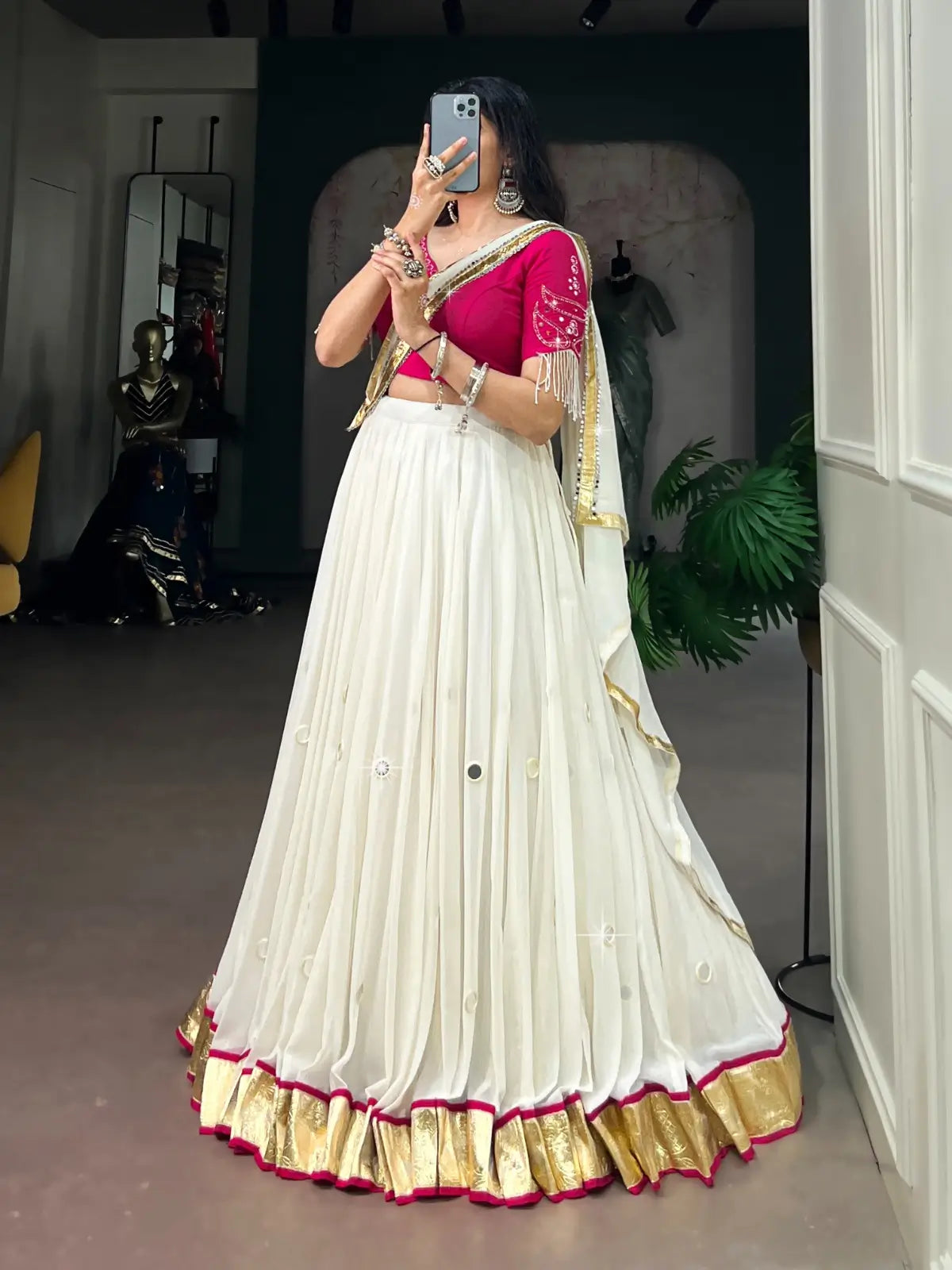 White Mirror & Pearl Work Navratri Lehenga Choli