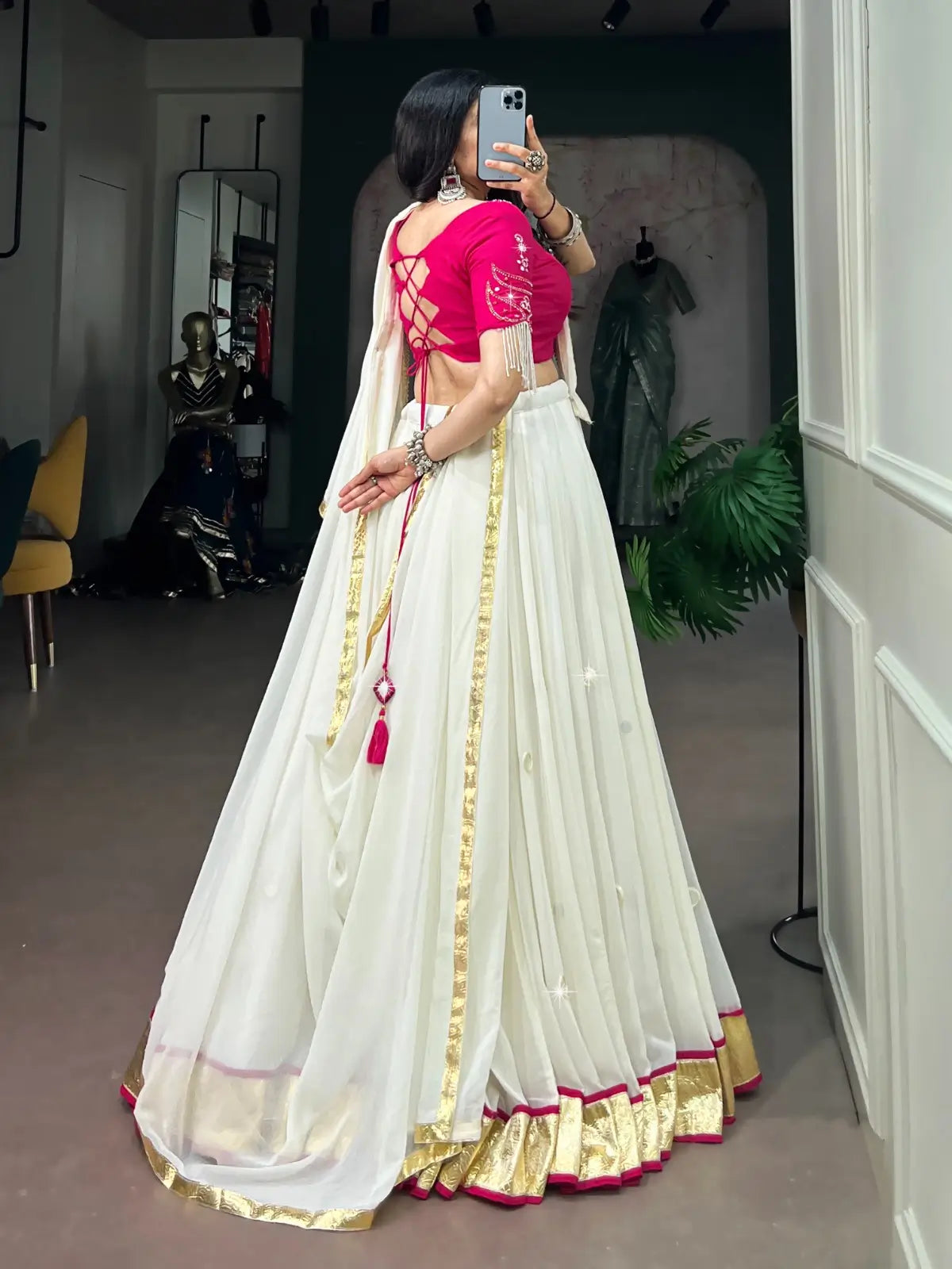 White Mirror & Pearl Work Navratri Lehenga Choli