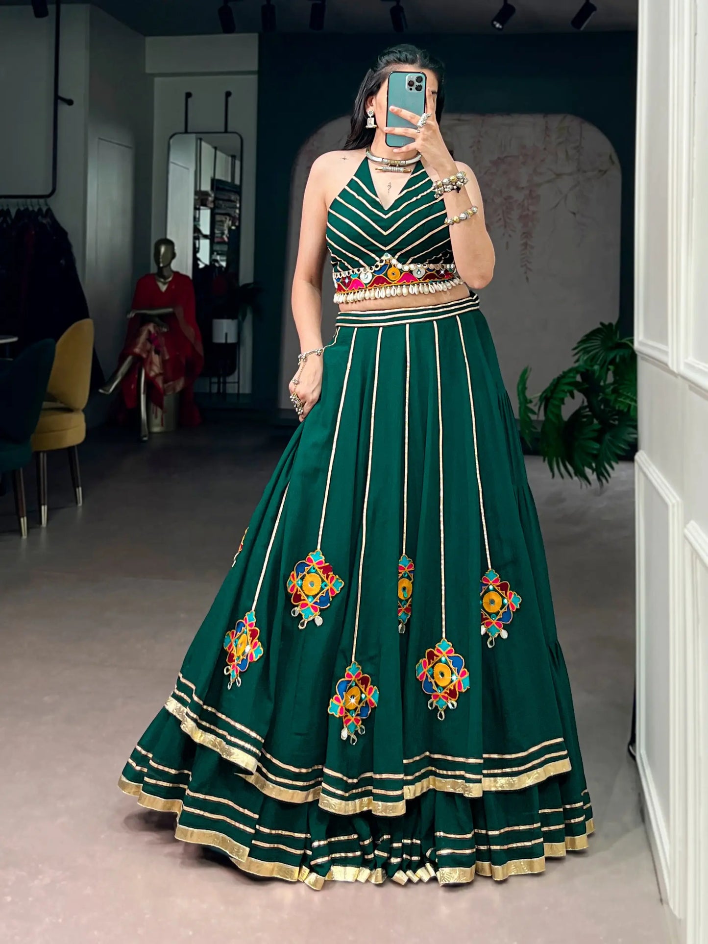 Green Gamthi & Mirror Work Chaniya Choli