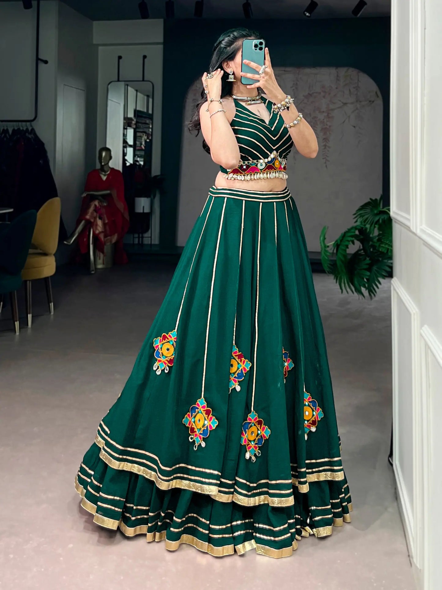 Green Gamthi & Mirror Work Chaniya Choli