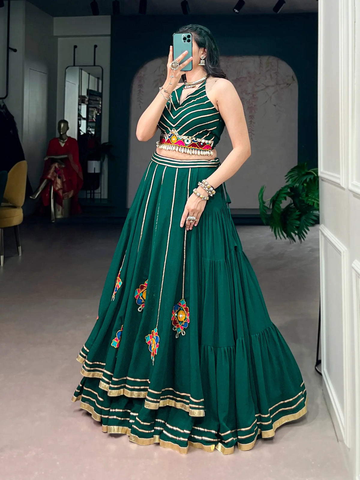 Green Gamthi & Mirror Work Chaniya Choli