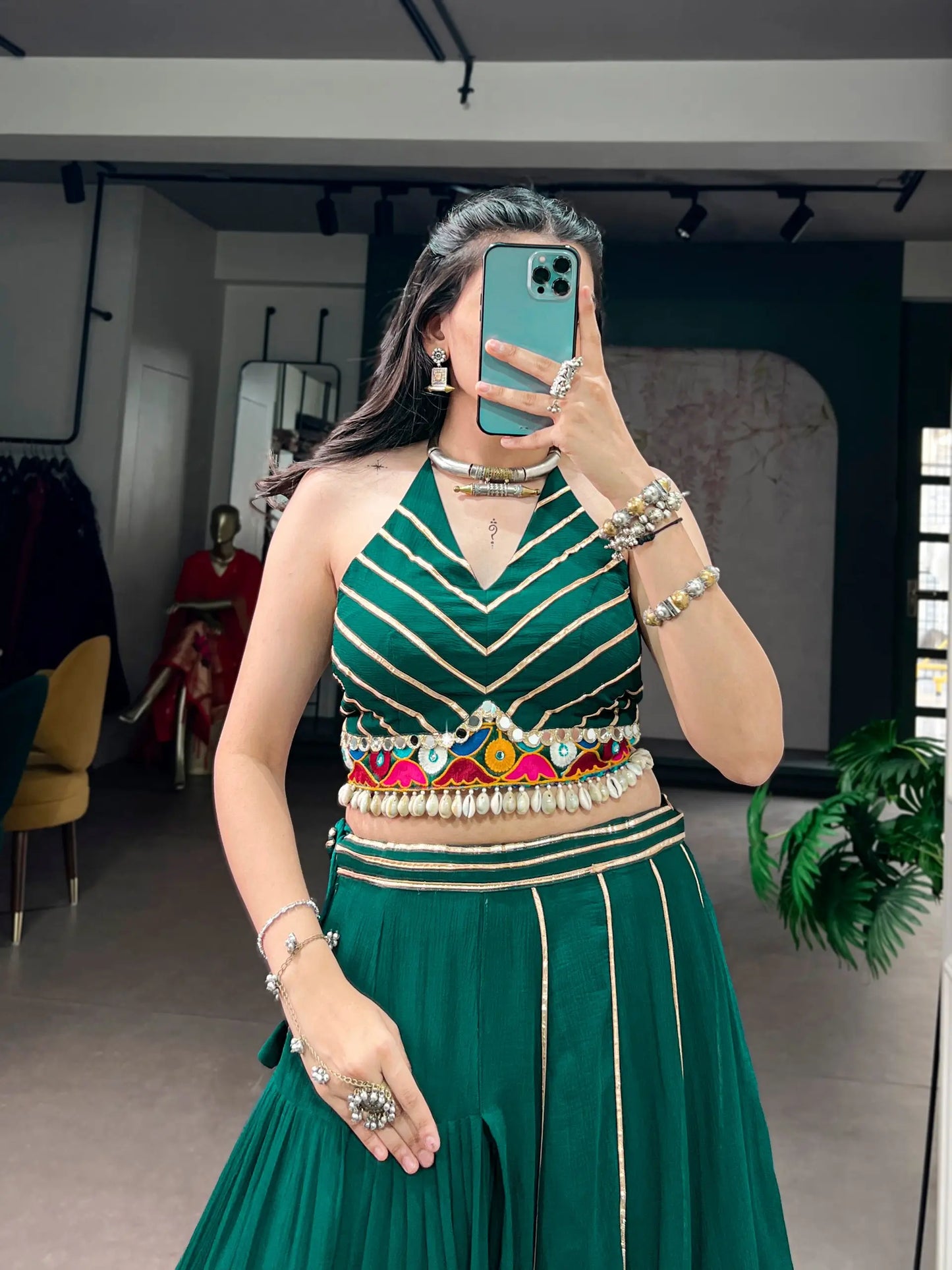 Green Gamthi & Mirror Work Chaniya Choli