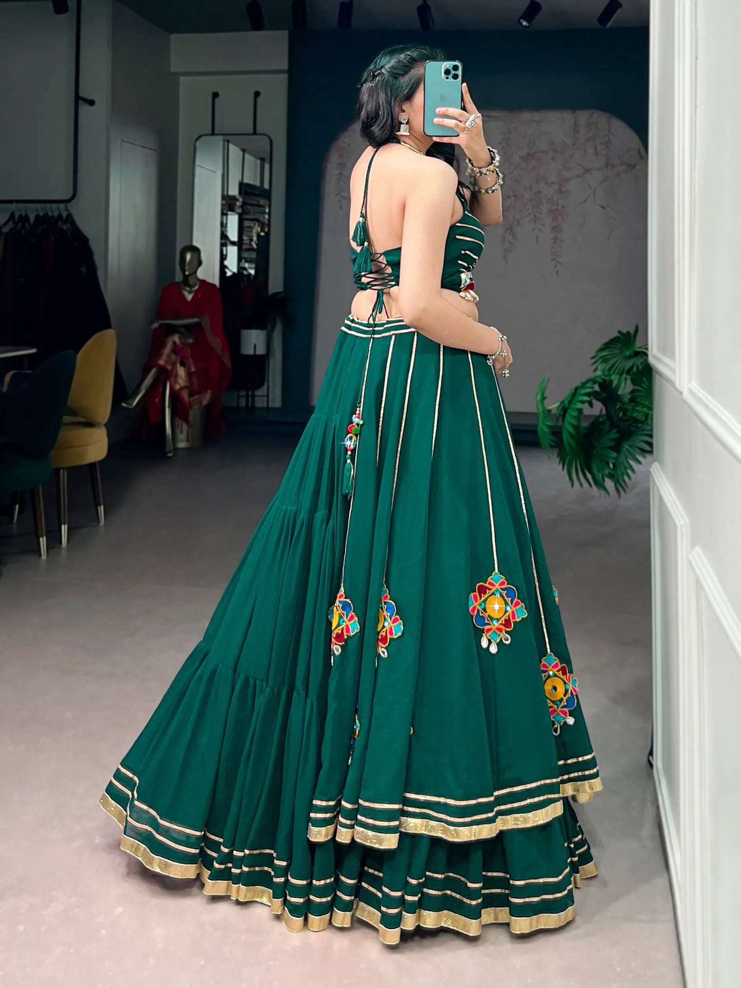 Green Gamthi & Mirror Work Chaniya Choli