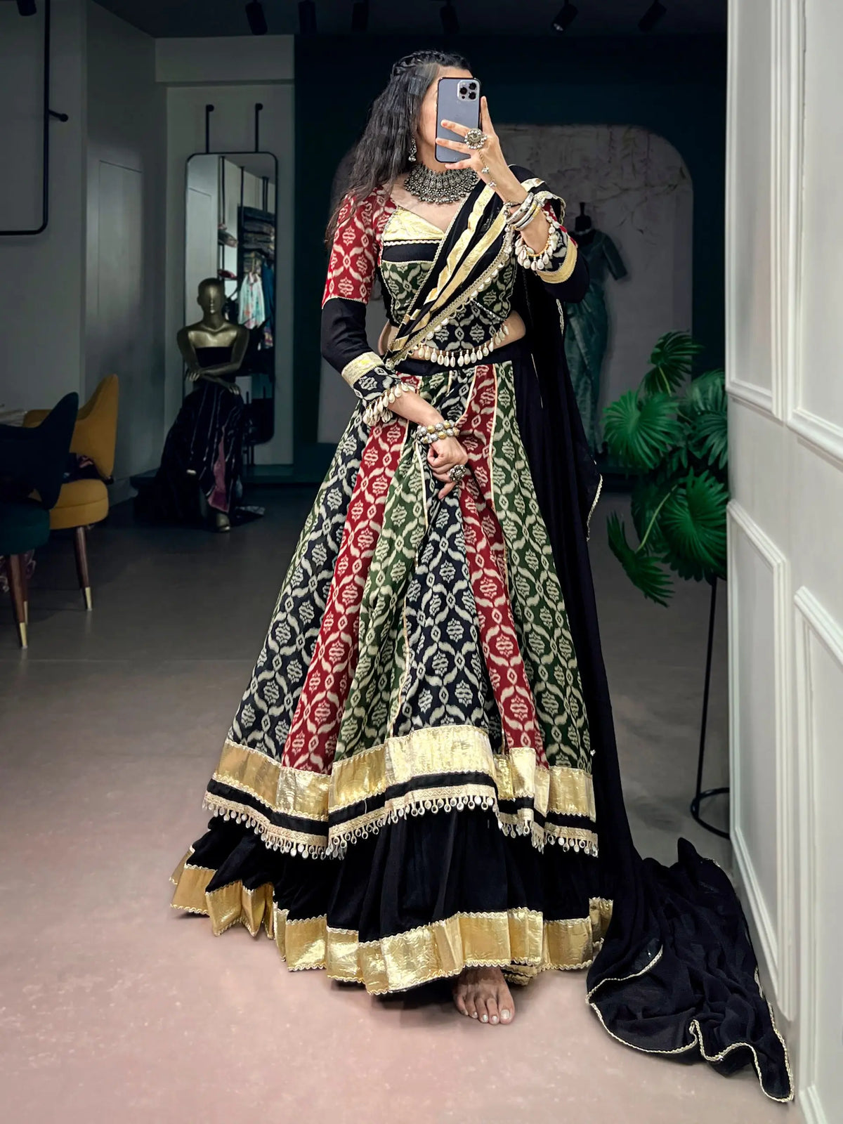 Multicolor Rayon Printed Navratri Lehenga