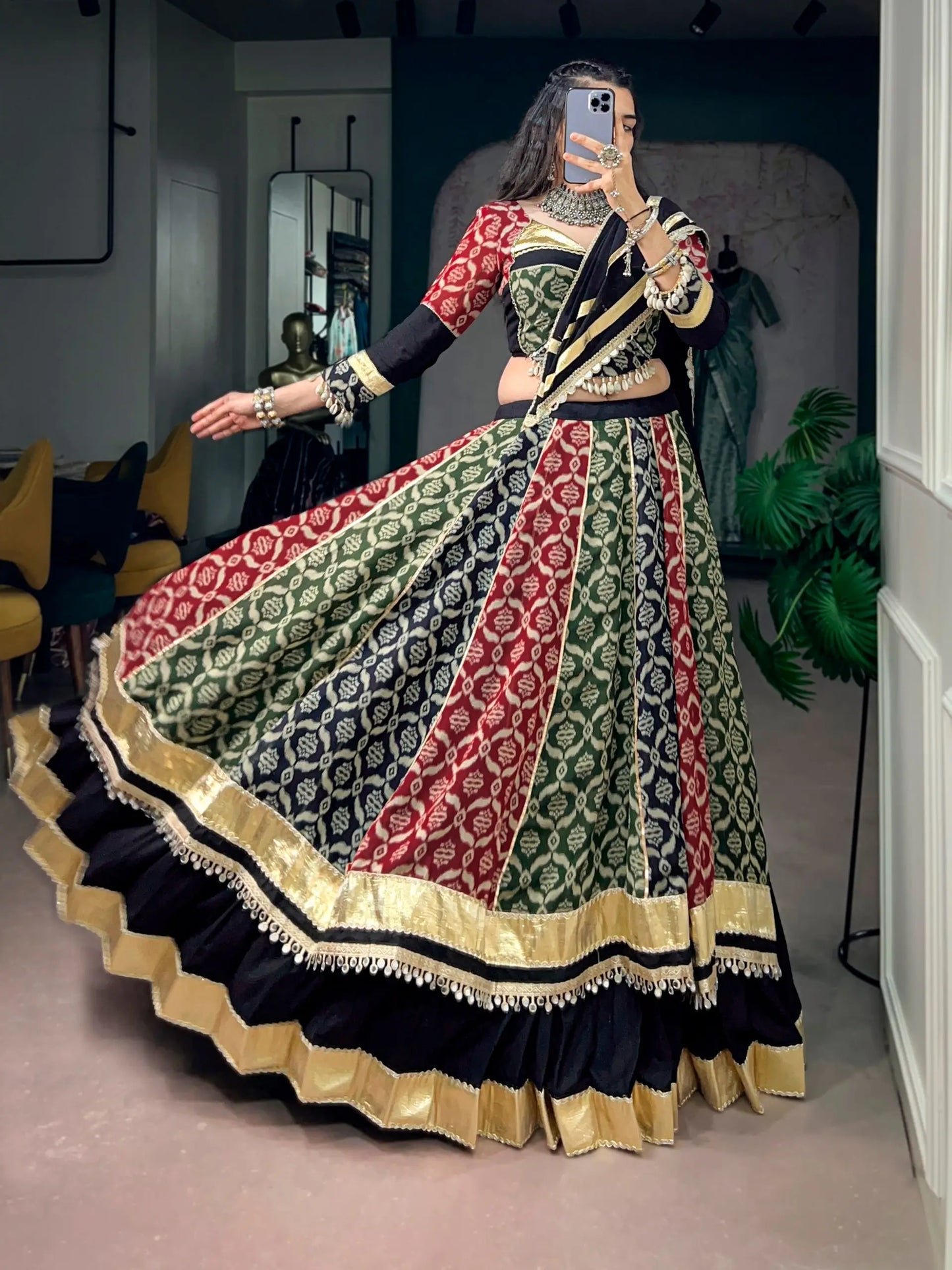 Multicolor Rayon Printed Navratri Lehenga