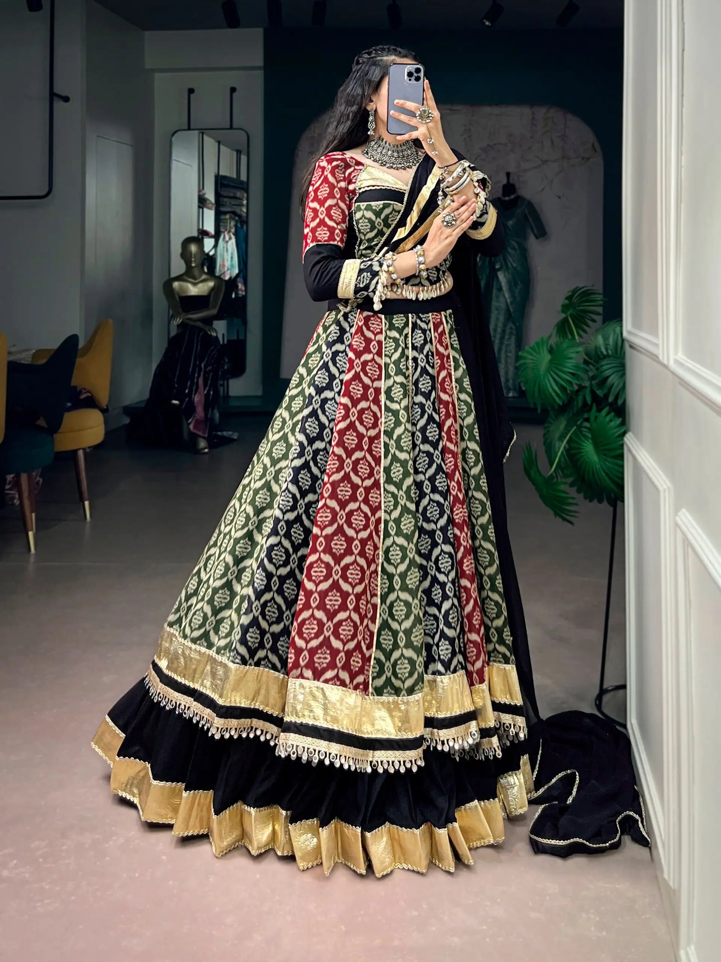 Multicolor Rayon Printed Navratri Lehenga