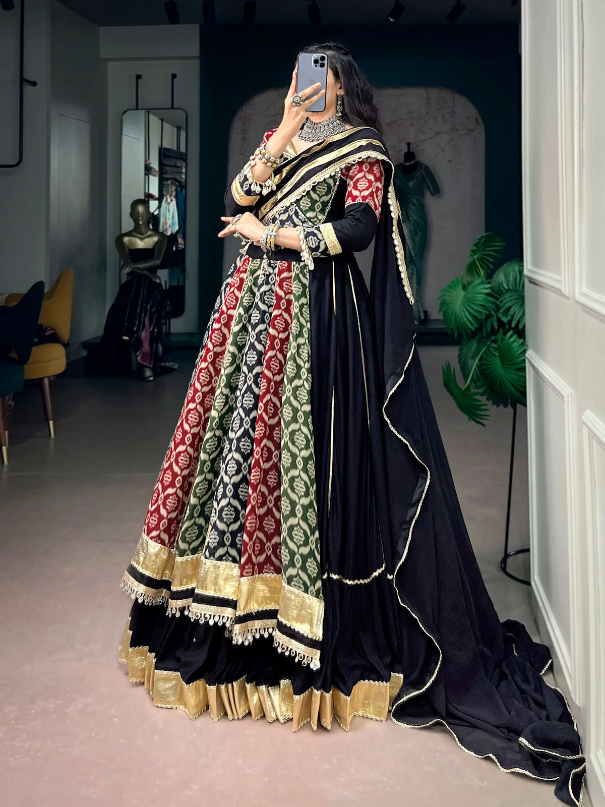Multicolor Rayon Printed Navratri Lehenga