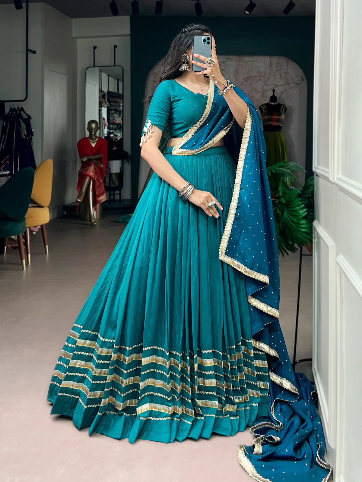 Teal Blue Navratri Lehenga Choli With Lace Touch Up