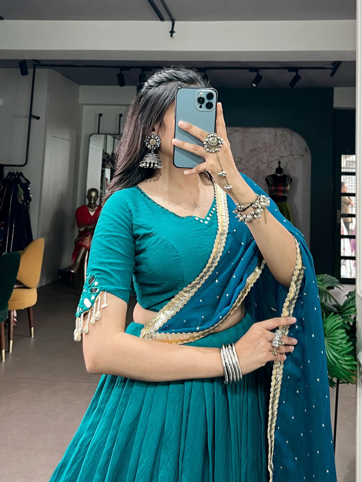 Teal Blue Navratri Lehenga Choli With Lace Touch Up