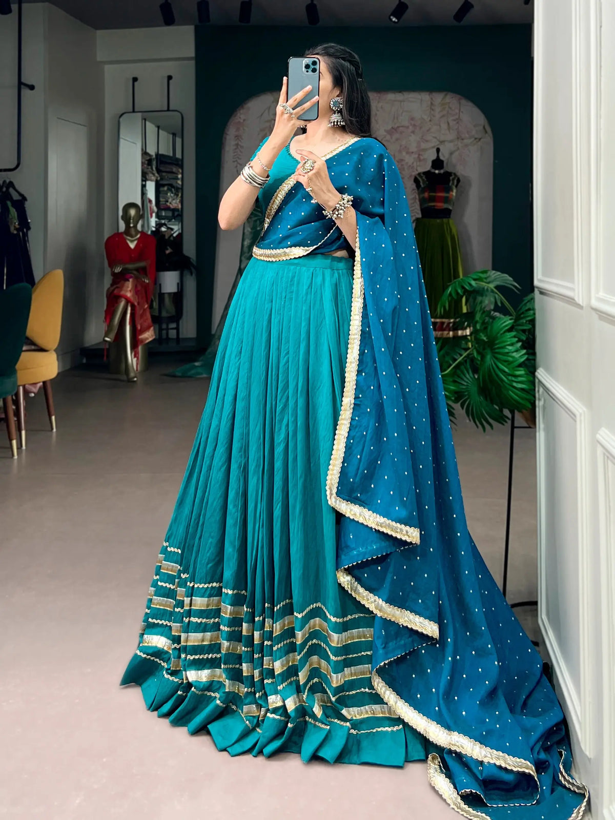 Teal Blue Navratri Lehenga Choli With Lace Touch Up