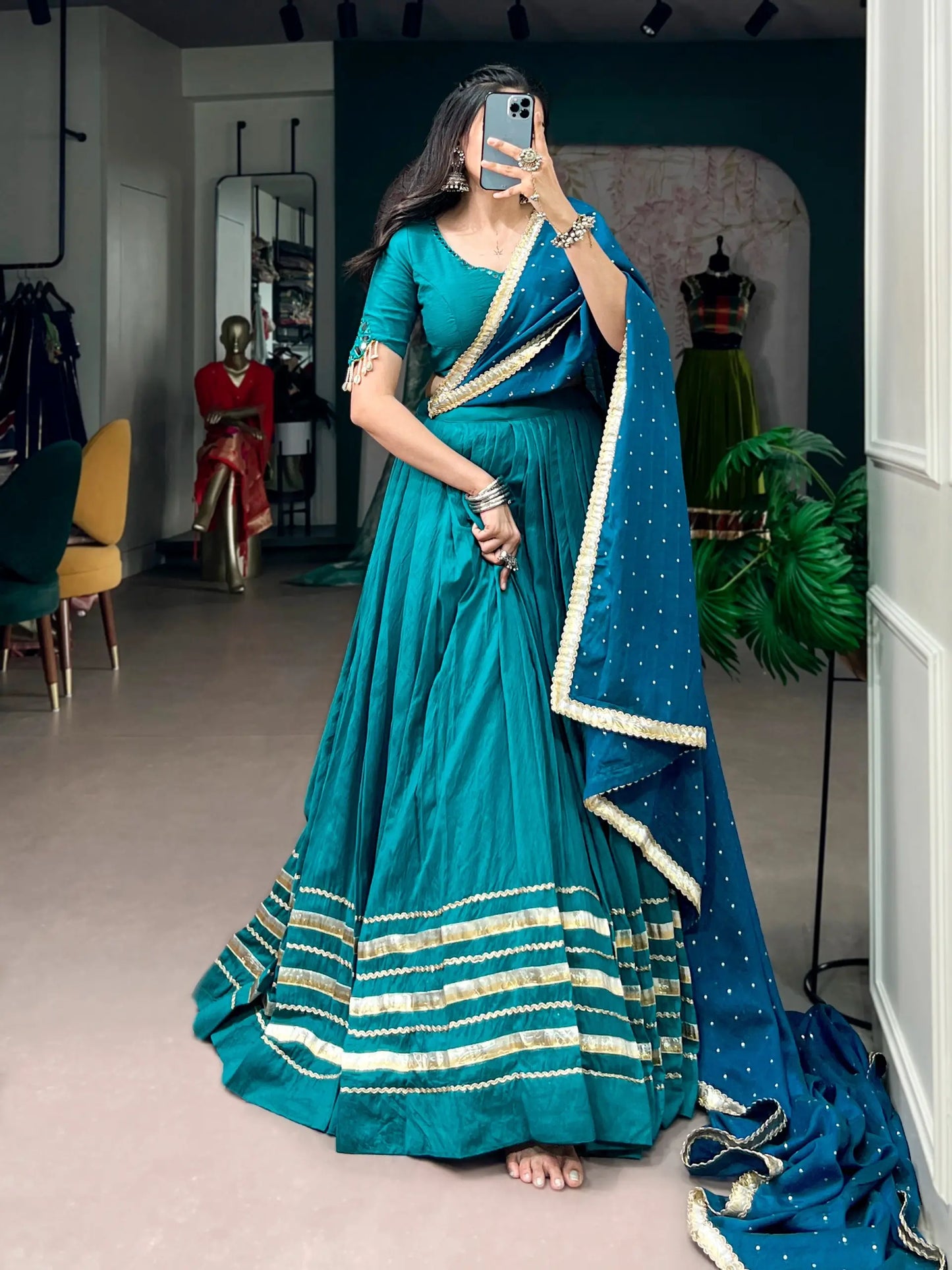 Teal Blue Navratri Lehenga Choli With Lace Touch Up