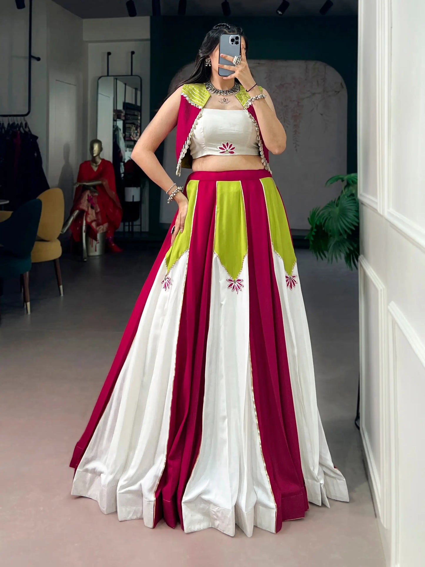 Pink-White Chaniya Choli With Mirror & Lace Touch Up