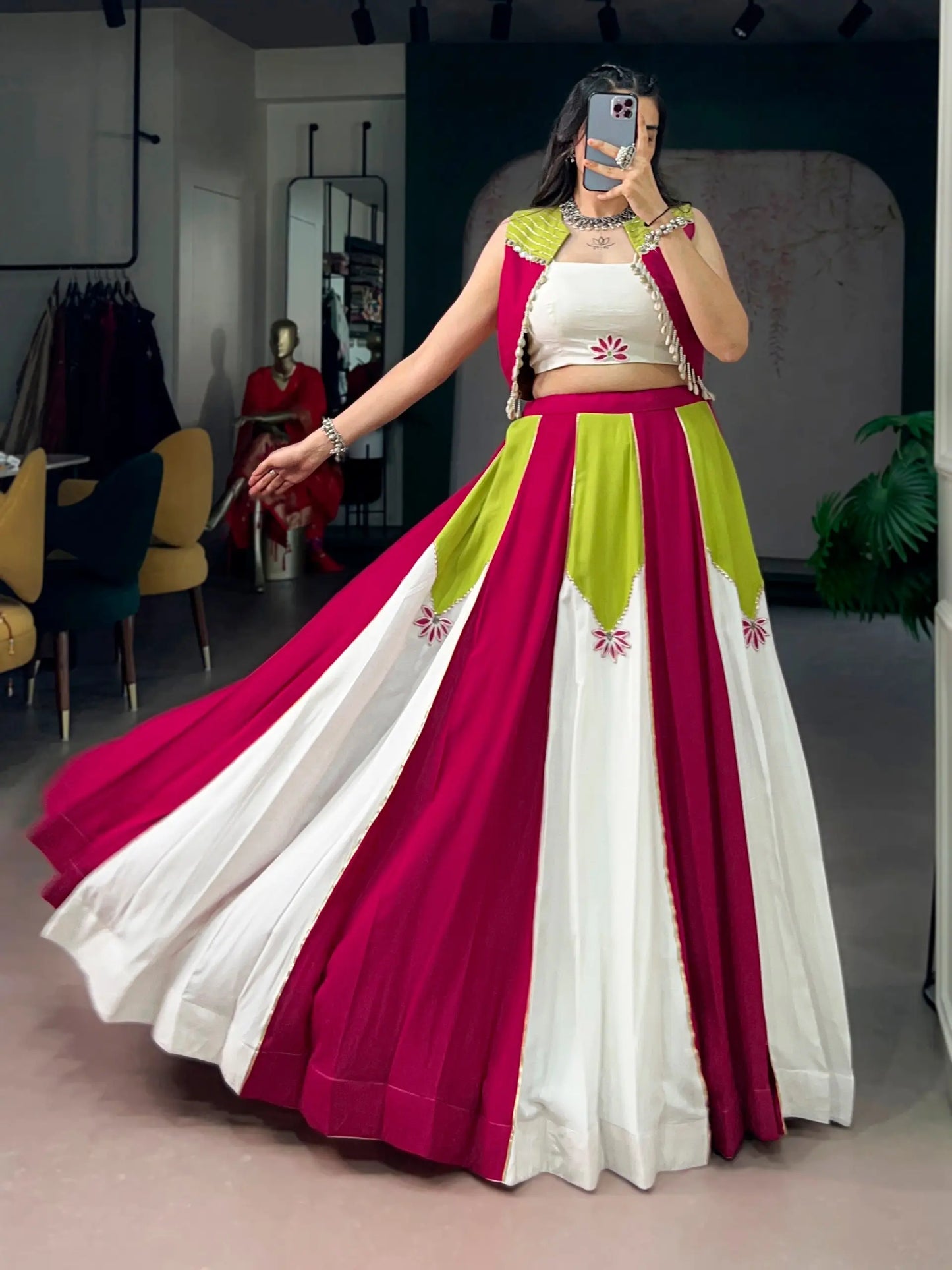 Pink-White Chaniya Choli With Mirror & Lace Touch Up