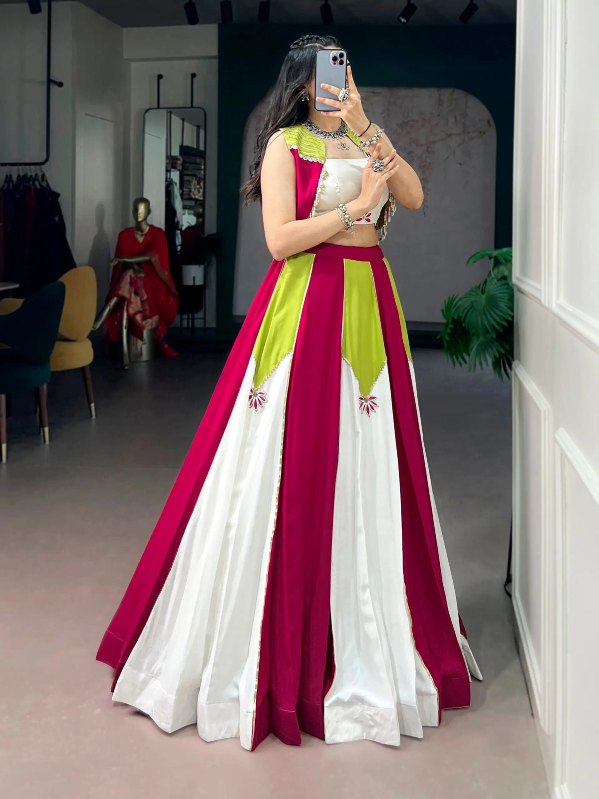 Pink-White Chaniya Choli With Mirror & Lace Touch Up