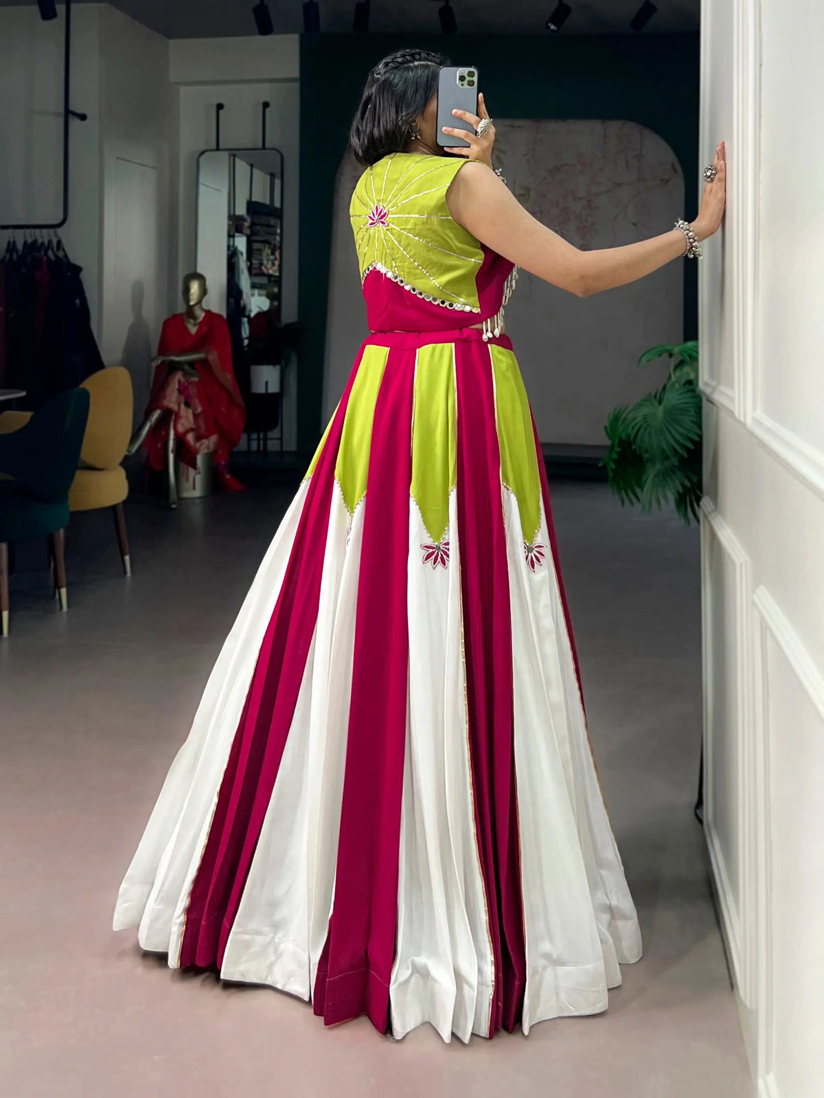 Pink-White Chaniya Choli With Mirror & Lace Touch Up