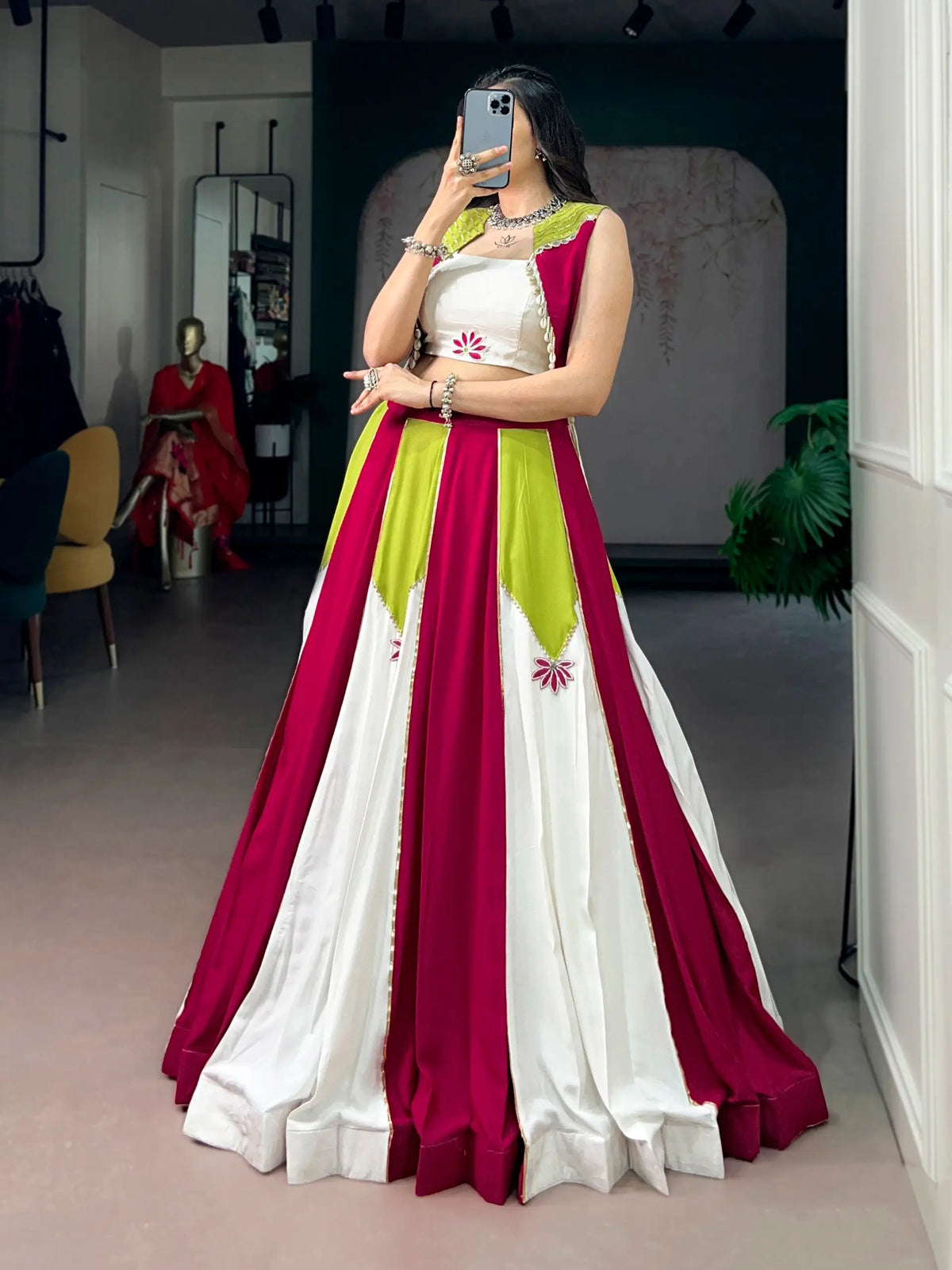 Pink-White Chaniya Choli With Mirror & Lace Touch Up