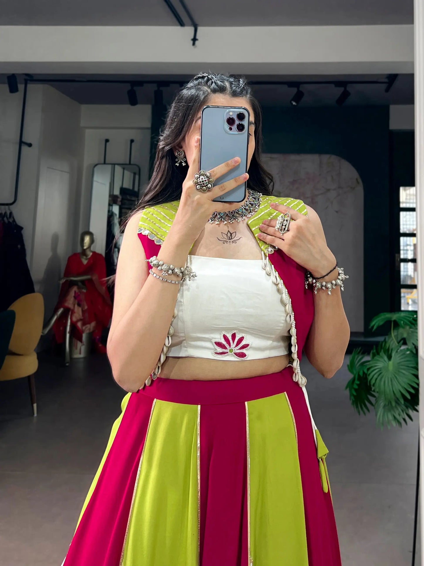 Pink-White Chaniya Choli With Mirror & Lace Touch Up