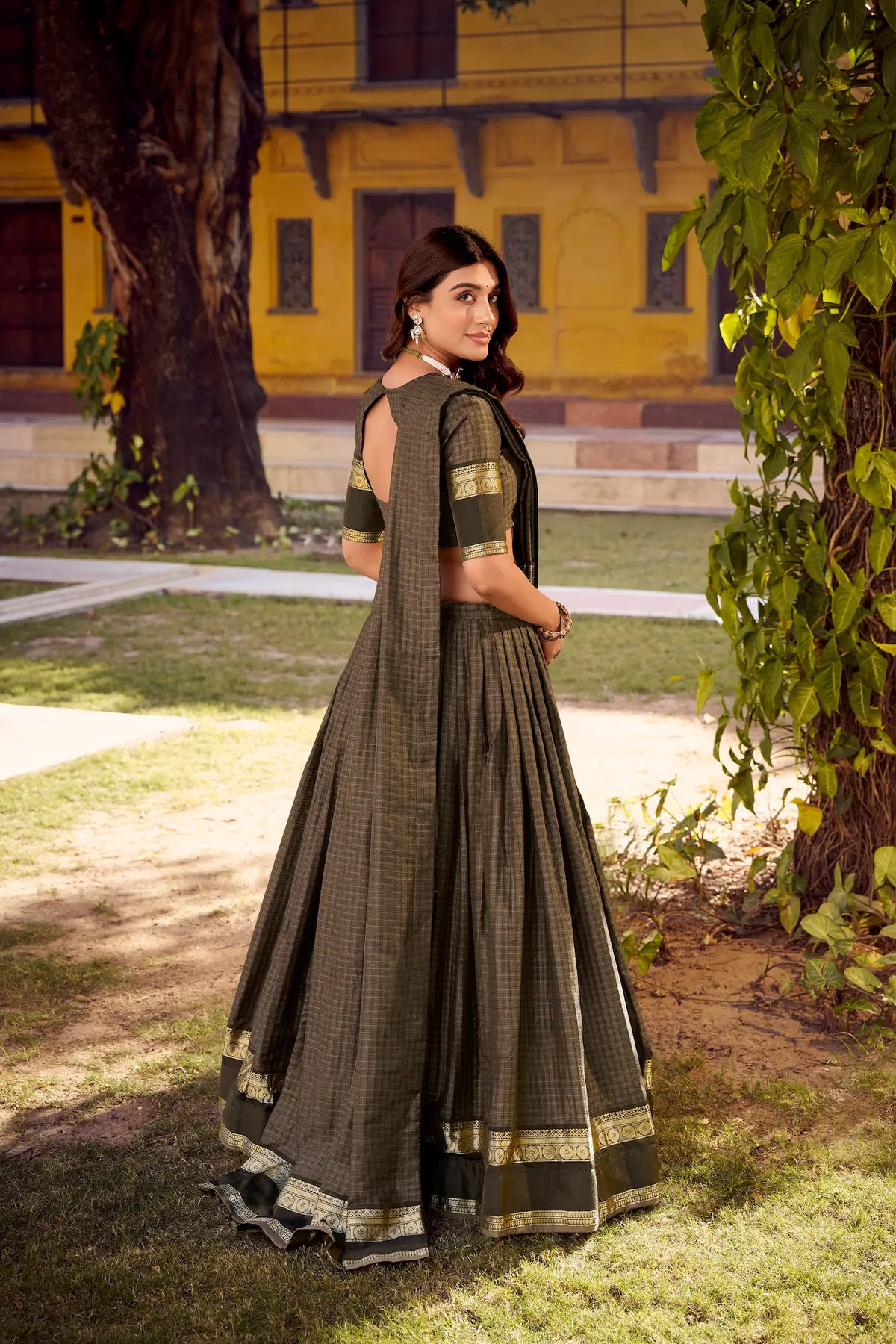 Dark Grey Zari Weaving Cotton Lehenga choli