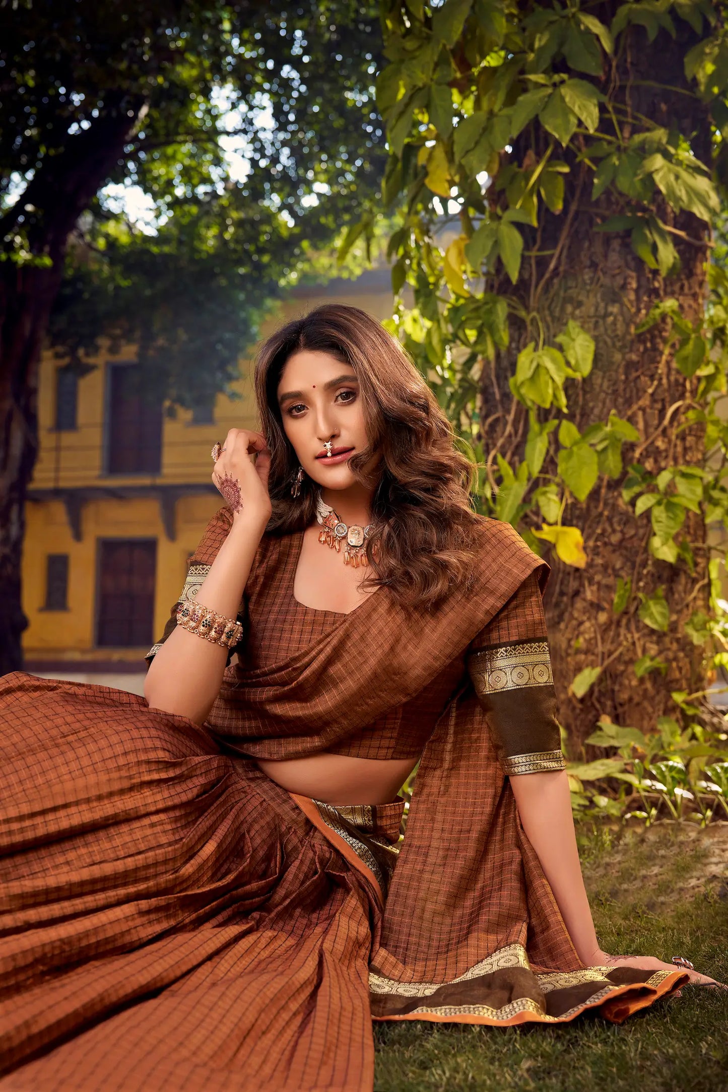 Rust Orange Zari Weaving Cotton Lehenga choli