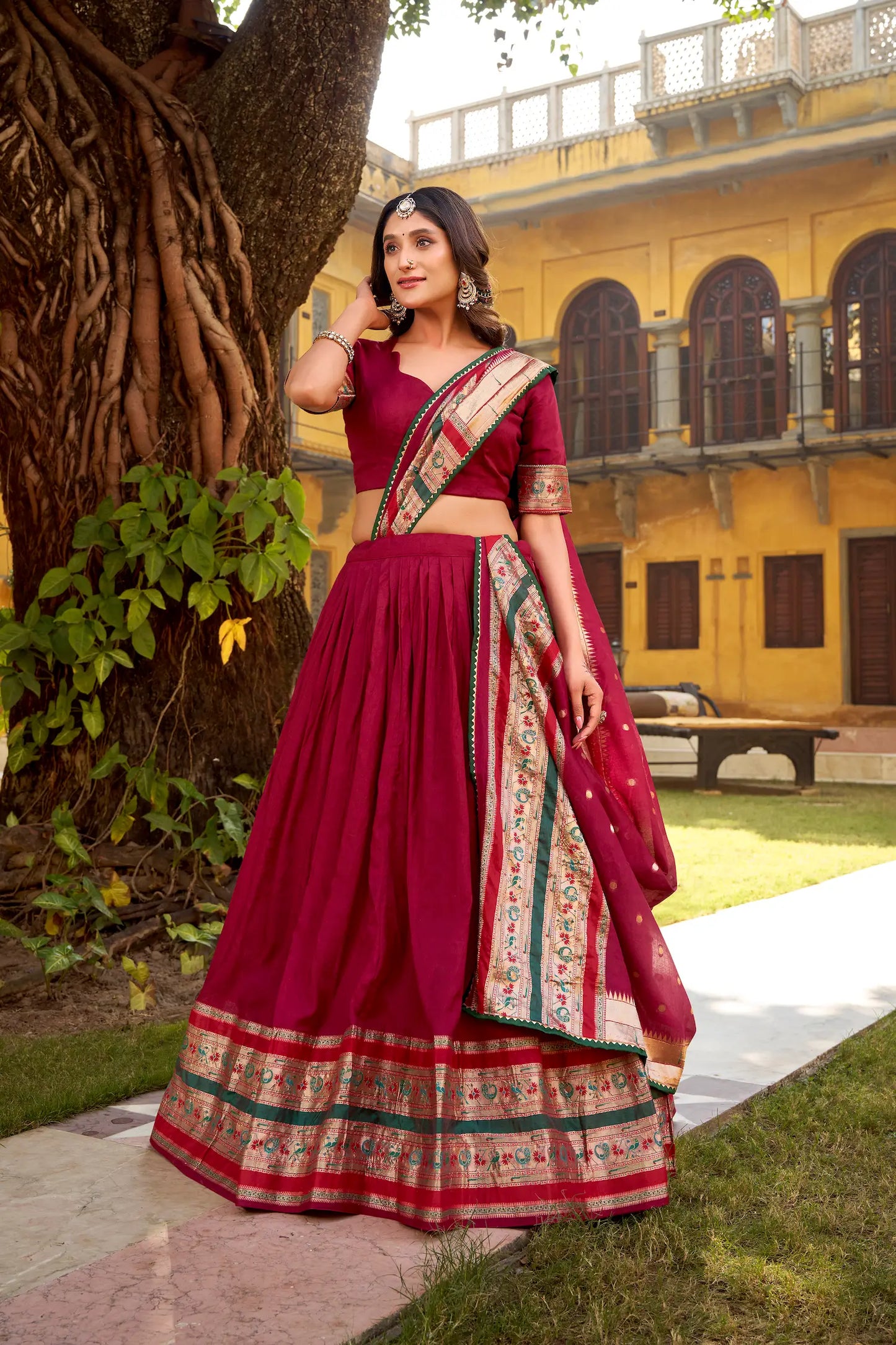 Glossy Maroon Chanderi Zari Weaving Lehenga choli