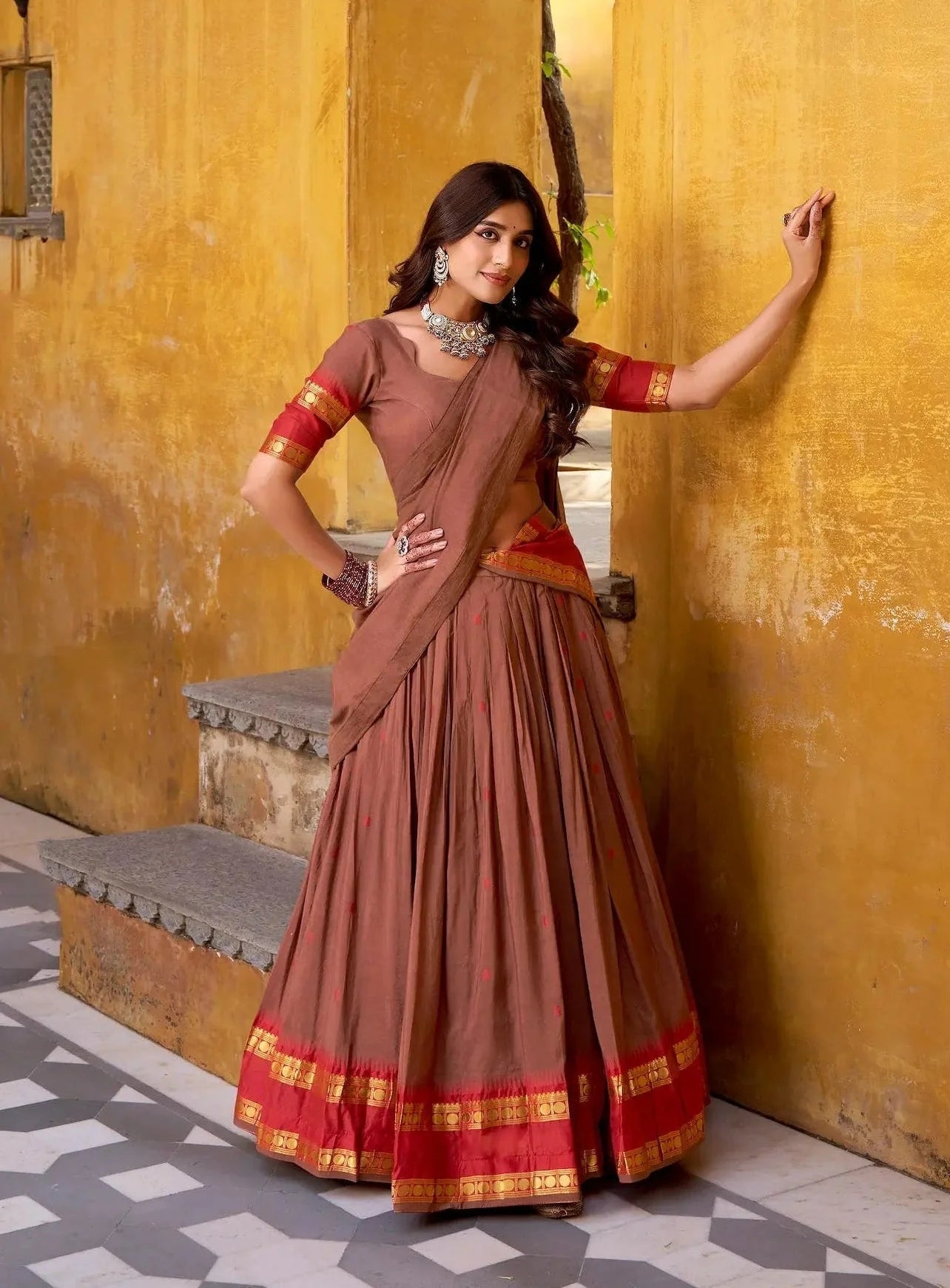 Bear Brown Chanderi Zari Weaving Lehenga Choli