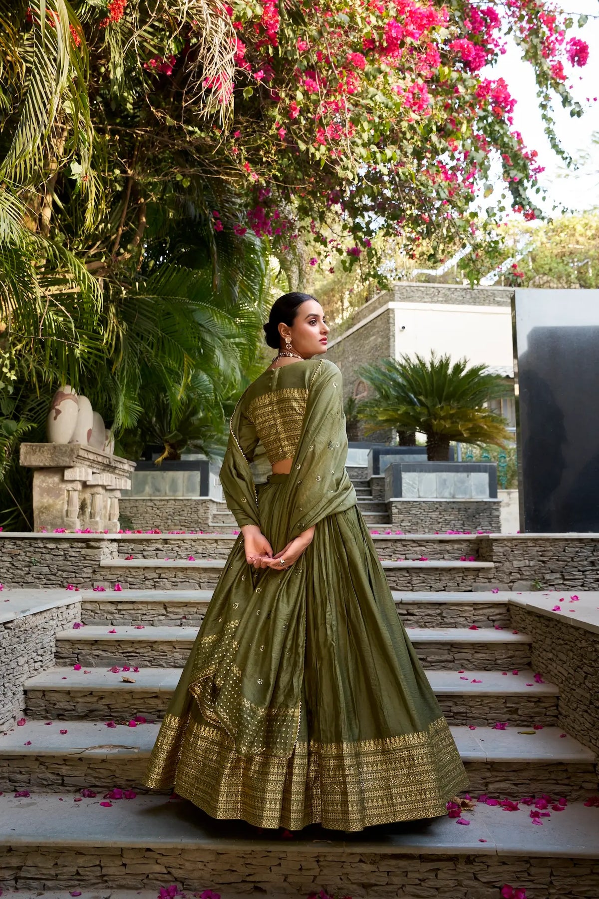 Olive Green Chanderi Silk Zari Weaving Lehenga Choli
