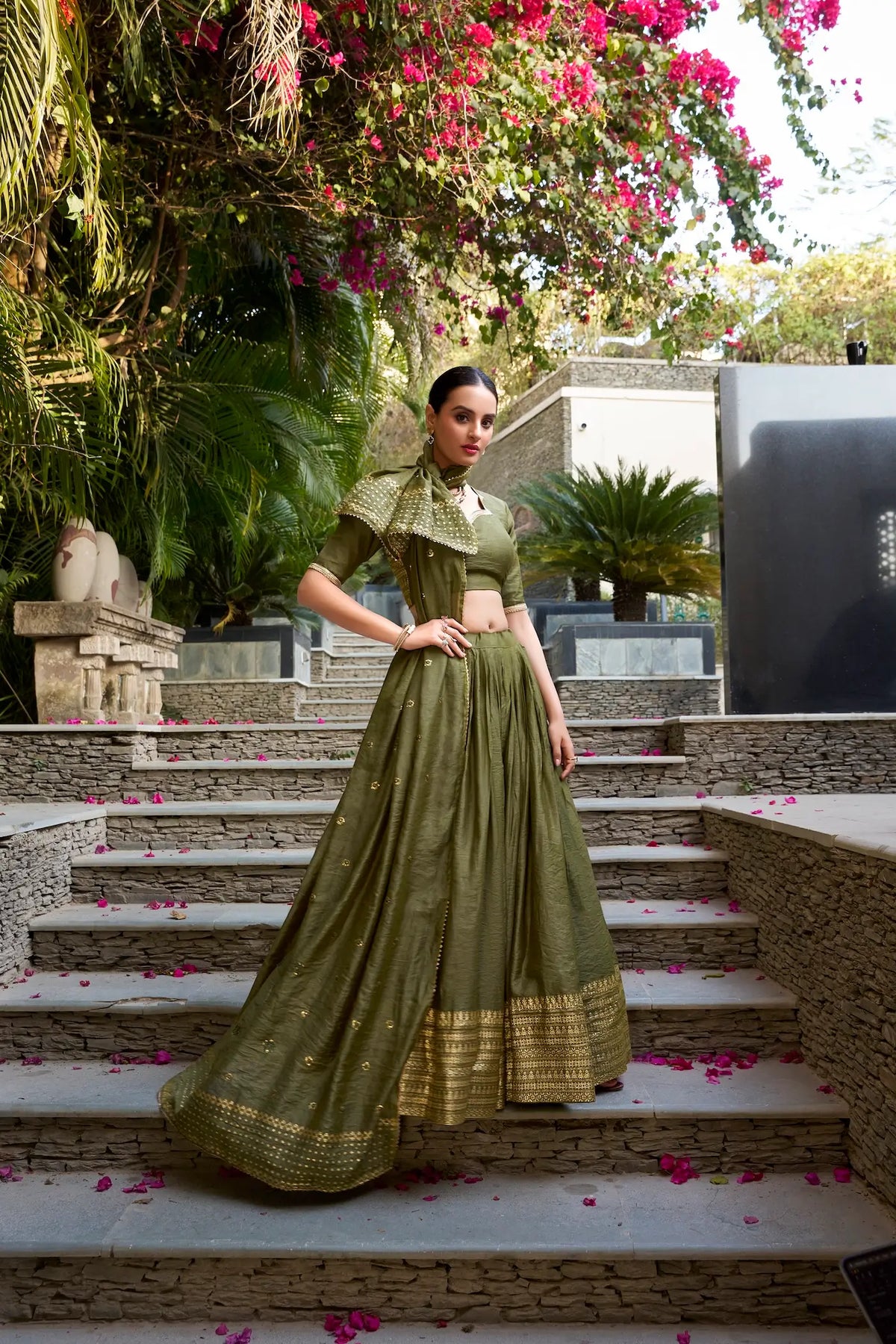 Olive Green Chanderi Silk Zari Weaving Lehenga Choli