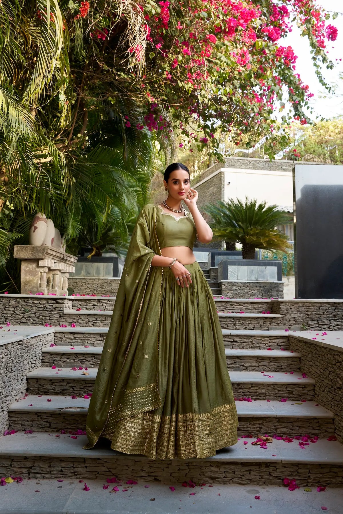Olive Green Chanderi Silk Zari Weaving Lehenga Choli