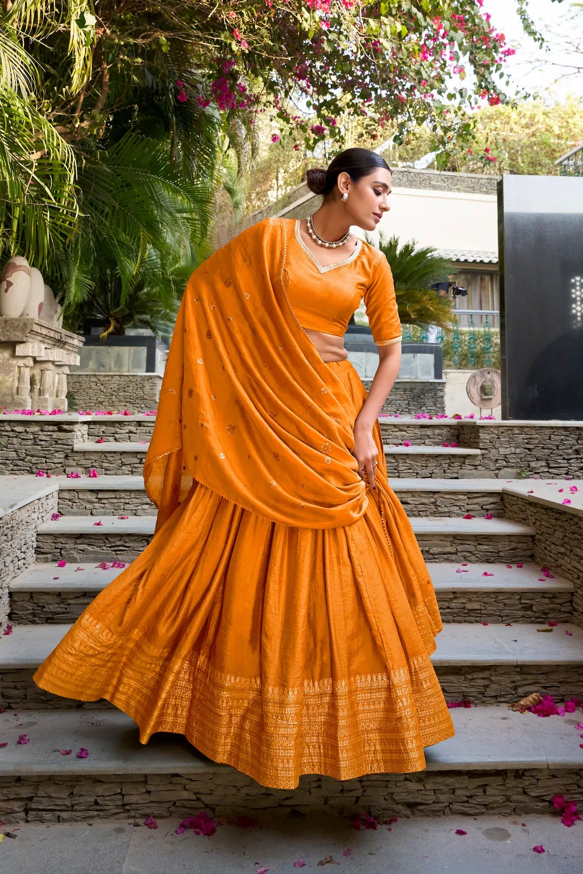 Dusty Orange Chanderi Silk Zari Weaving Lehenga Choli