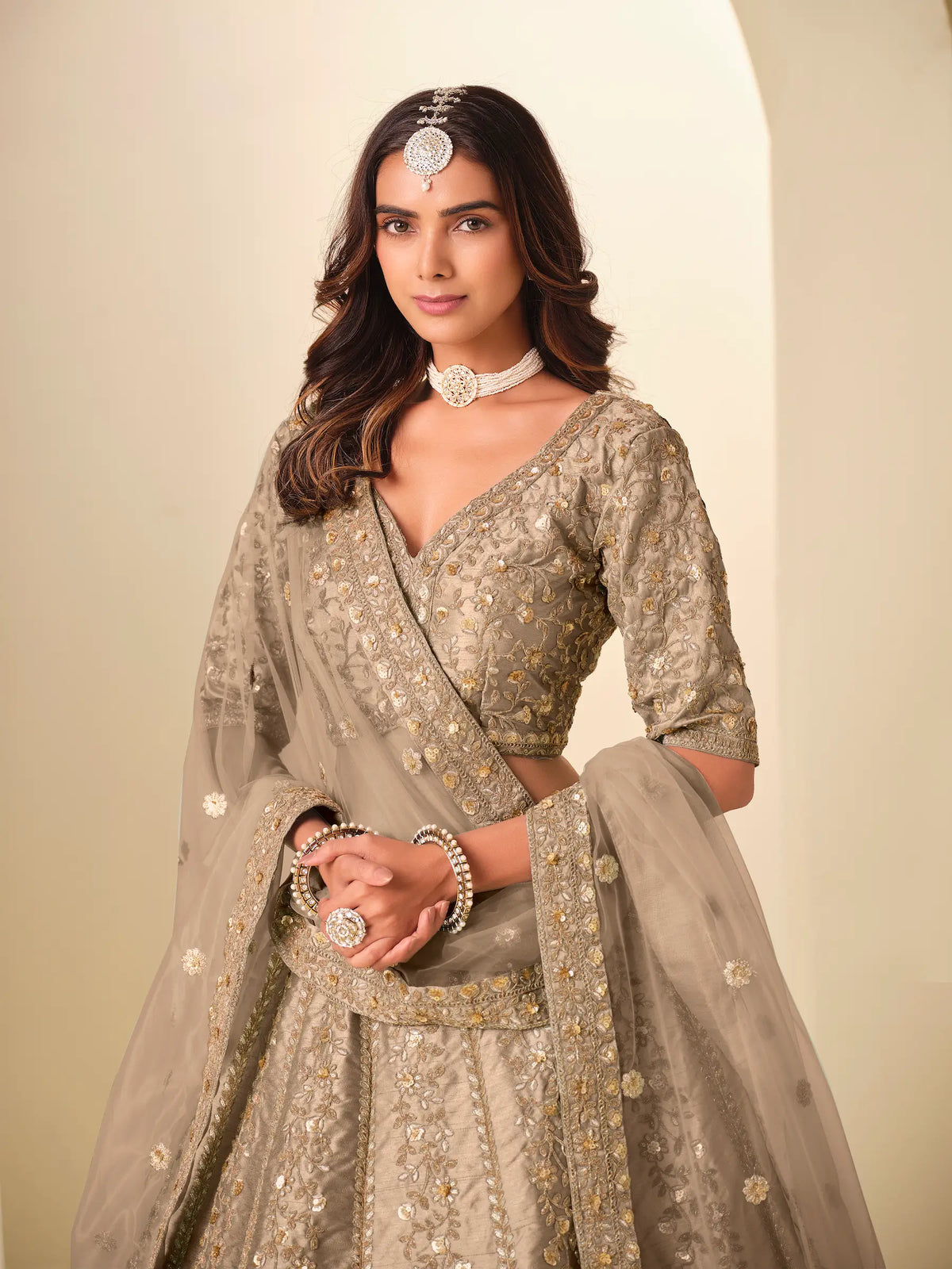 Sand Brown Art Silk Embroidered Lehenga Choli