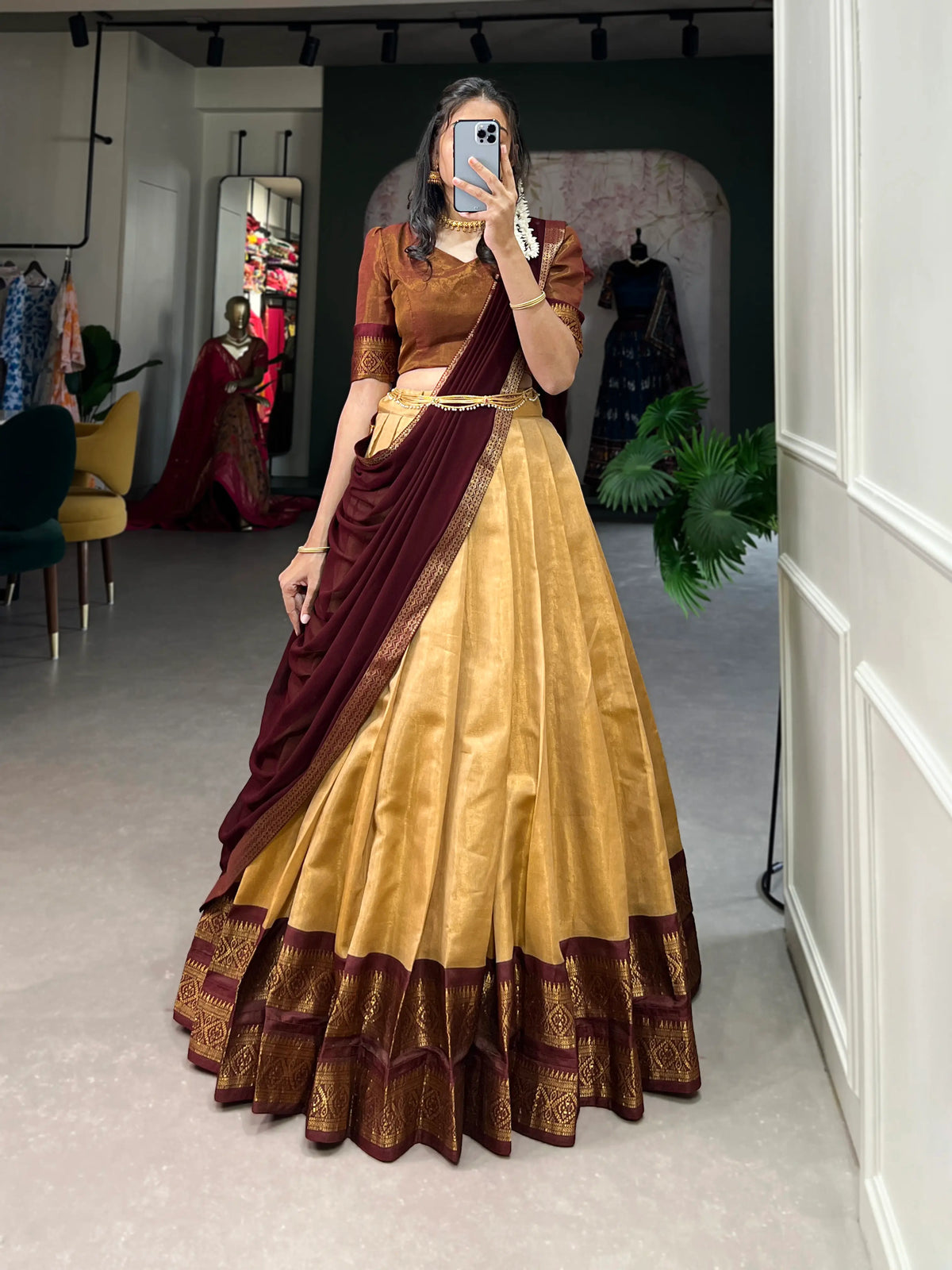 Dark Beige Kanchipuram Lehenga Choli