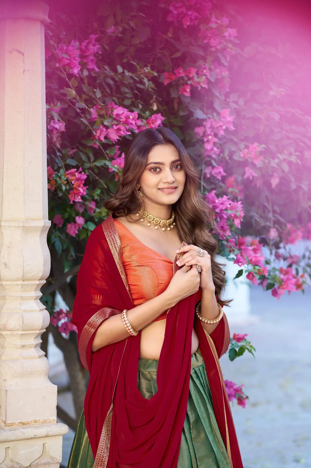 Olive Green Kanchipuram Lehenga Choli