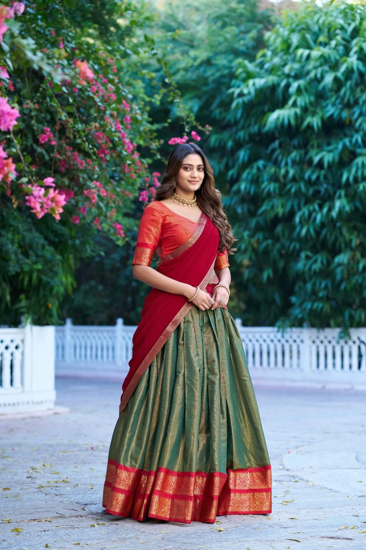 Olive Green Kanchipuram Lehenga Choli