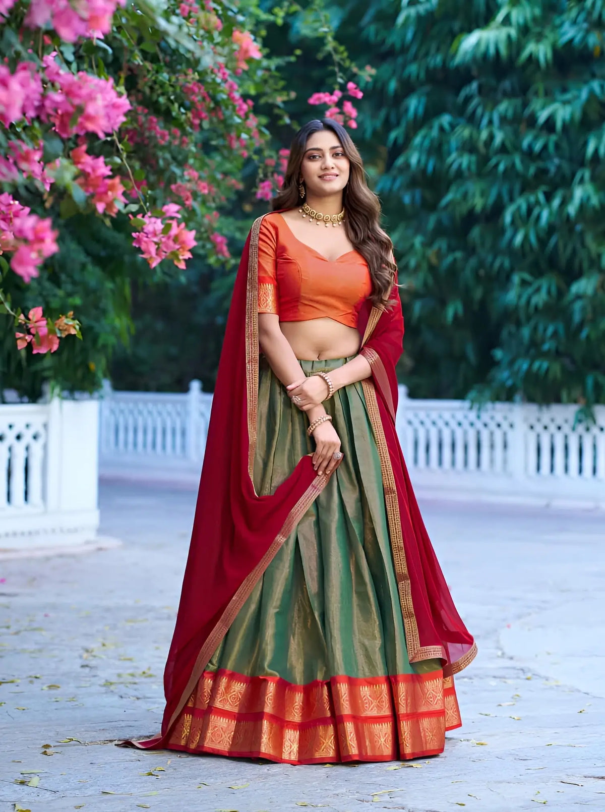 Olive Green Kanchipuram Lehenga Choli