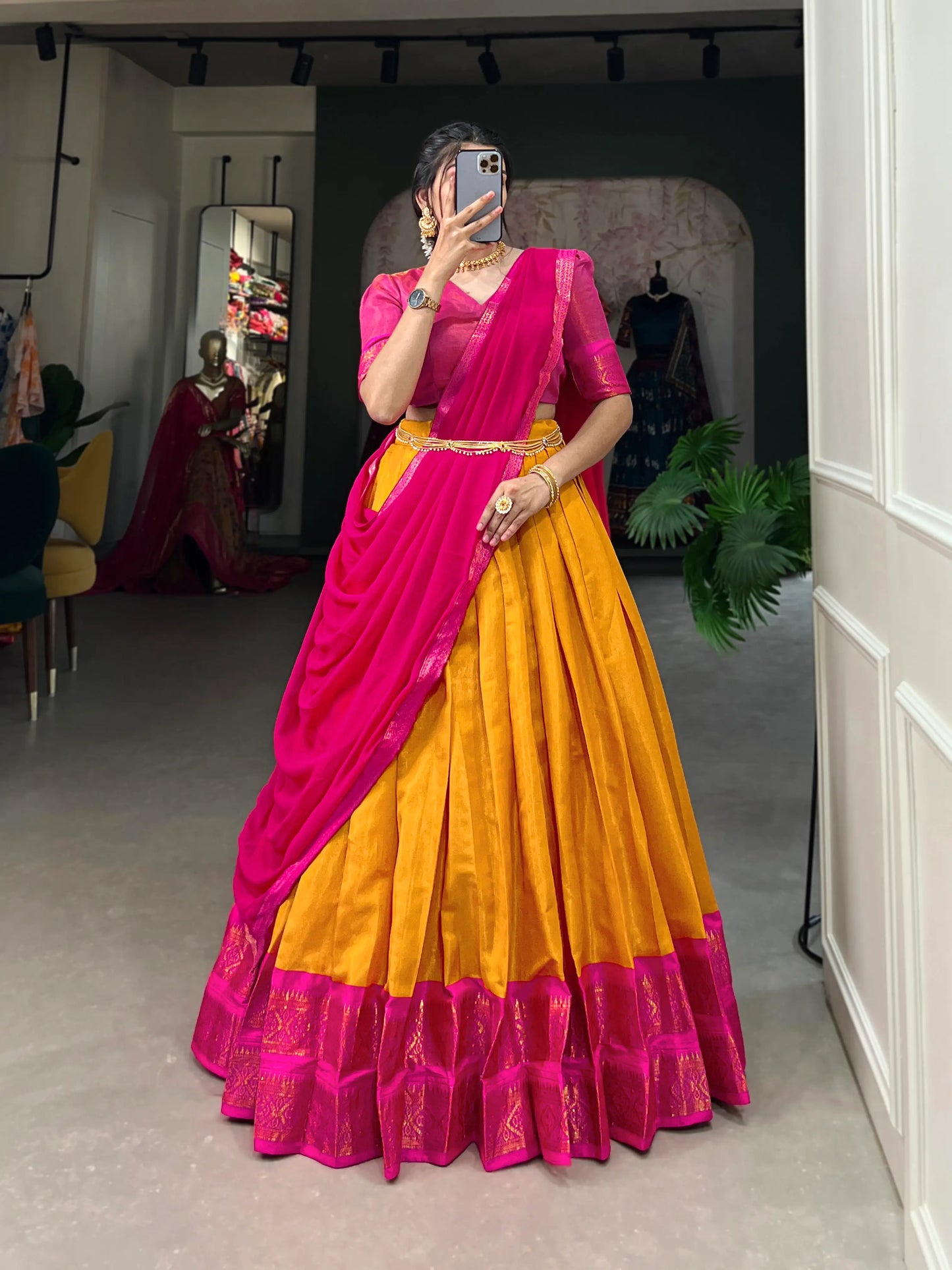 Mustard Yellow Kanchipuram Lehenga Choli