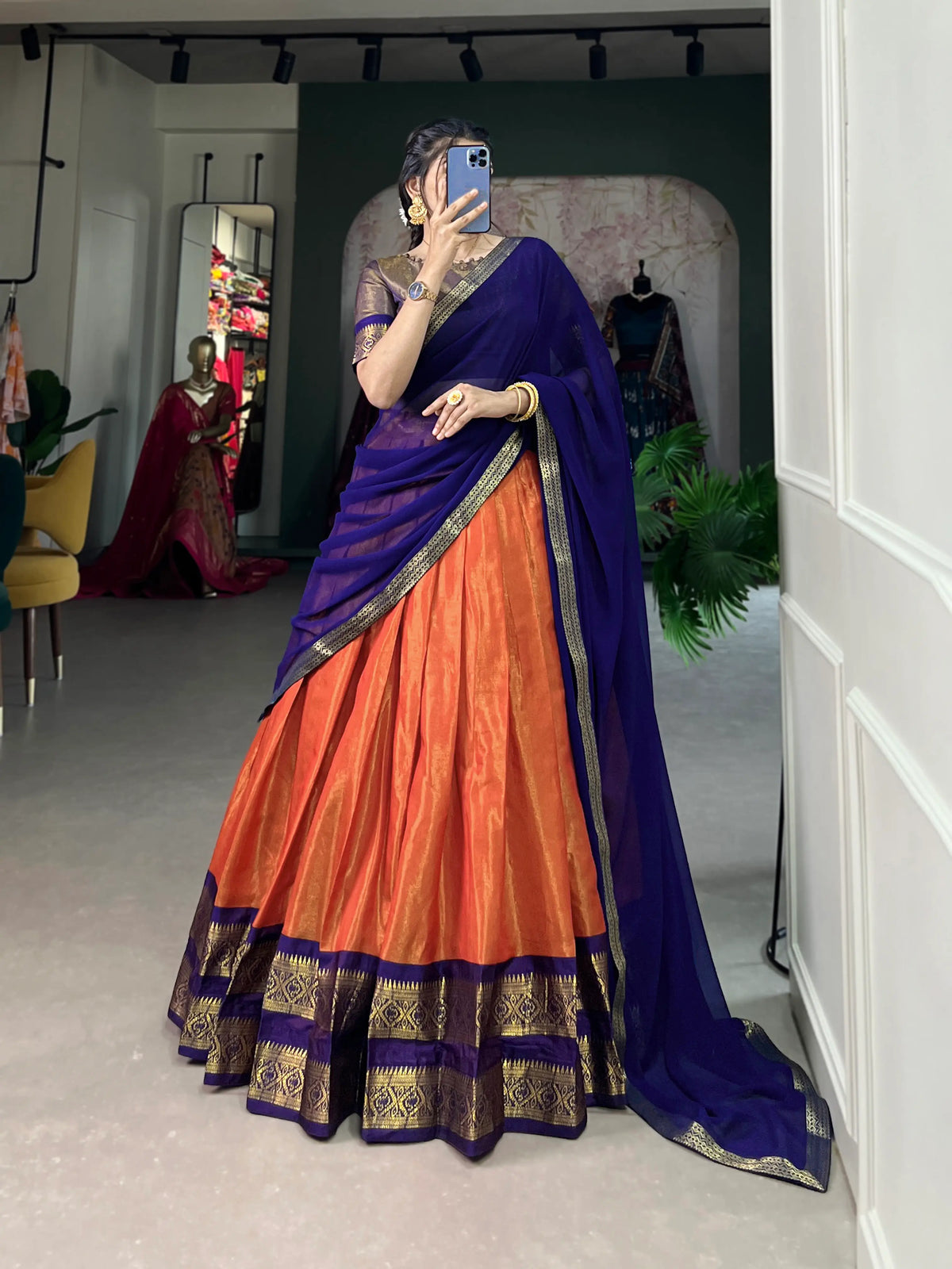 Sunrise Orange Kanchipuram Lehenga Choli