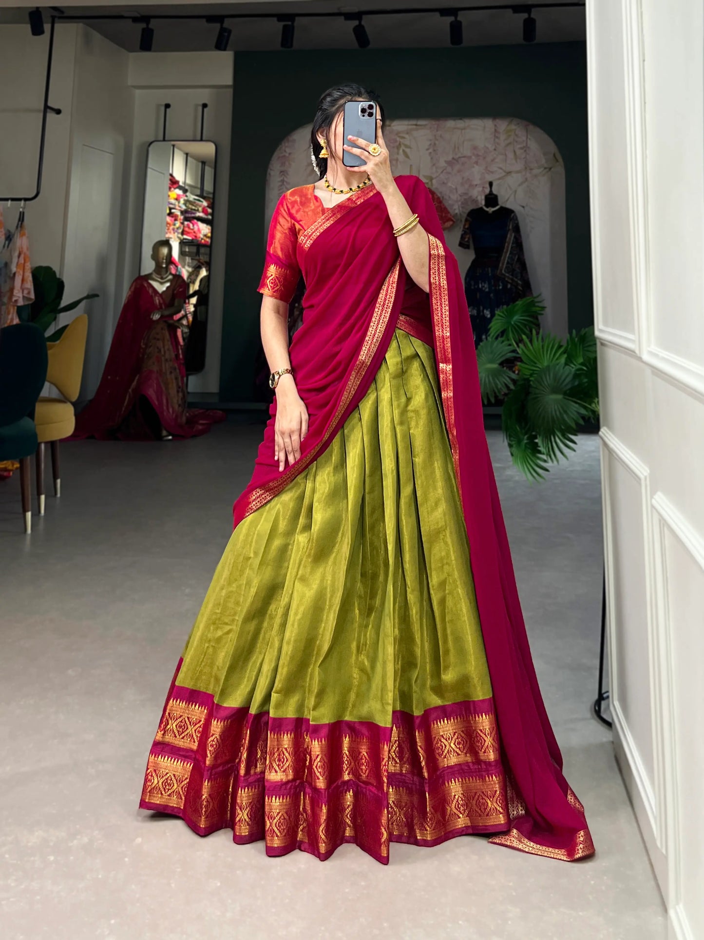 Parrot Green Kanchipuram Lehenga Choli