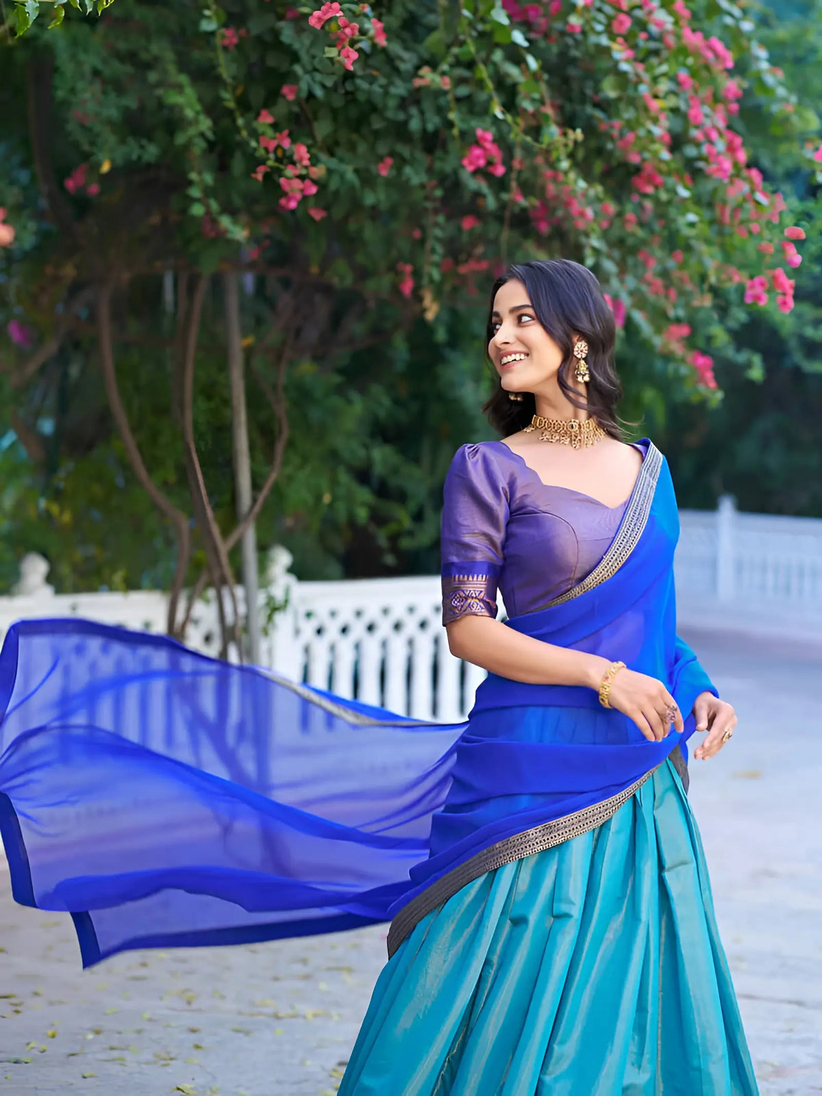 Sky Blue Kanchipuram Lehenga Choli