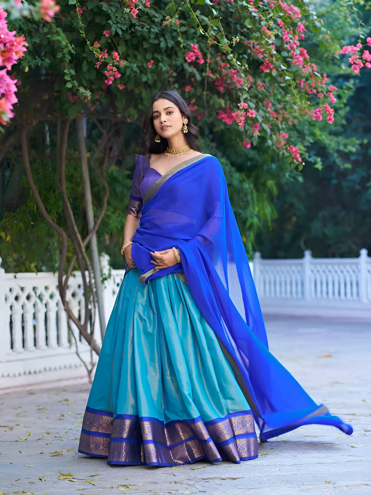 Sky Blue Kanchipuram Lehenga Choli