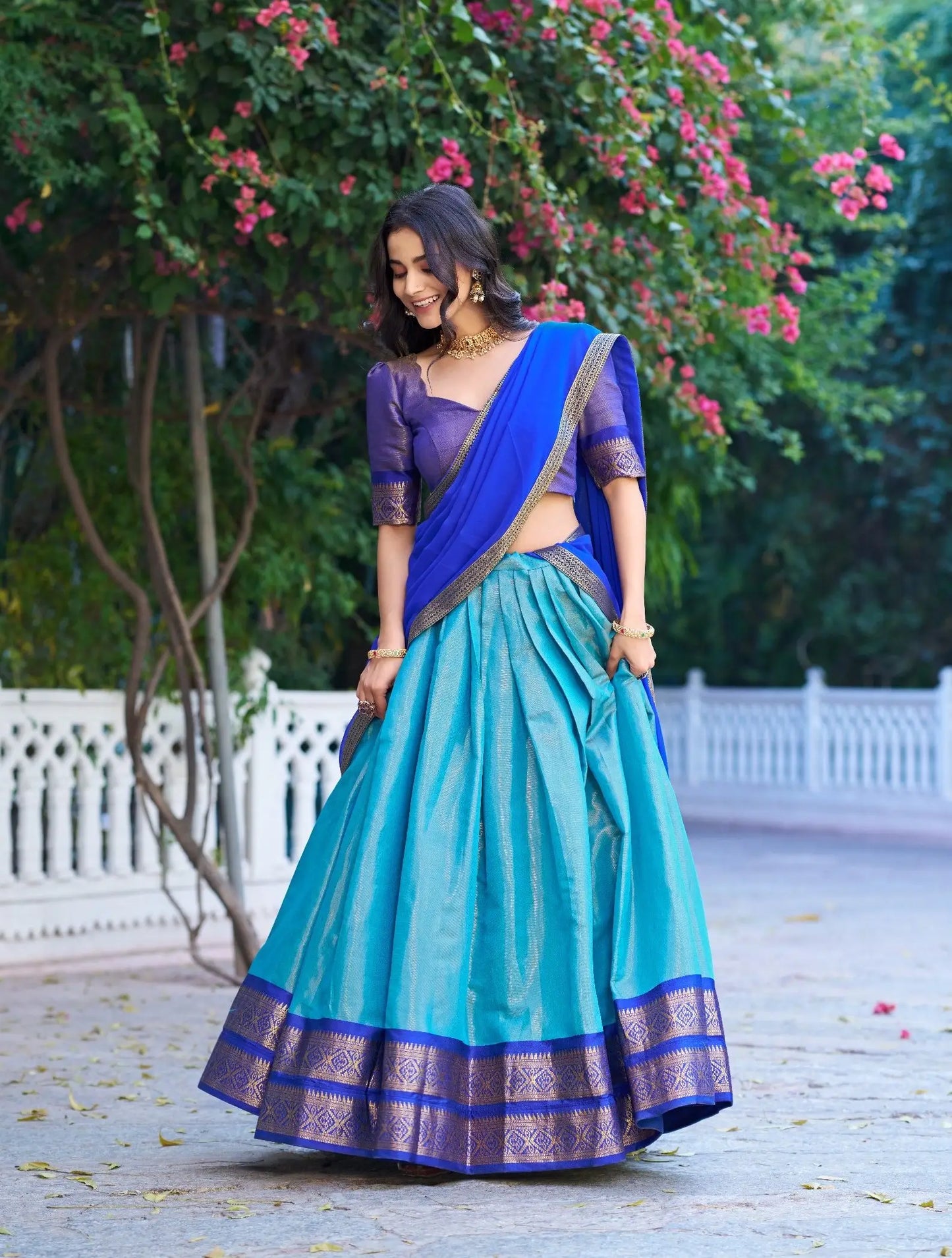 Sky Blue Kanchipuram Lehenga Choli