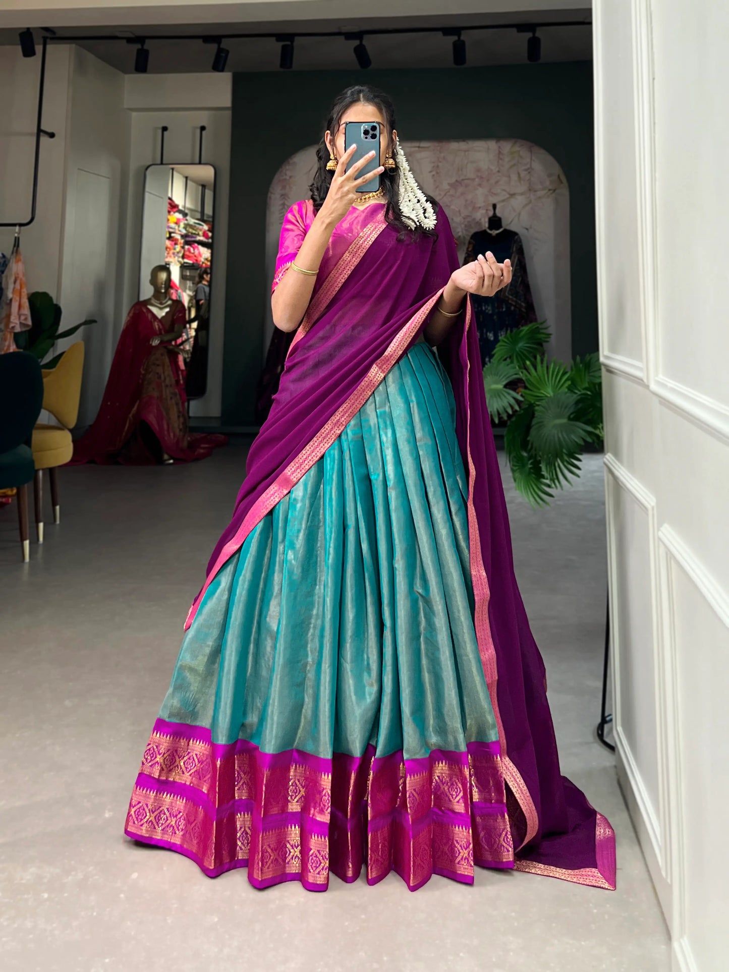 Sea Blue Kanchipuram Lehenga Choli