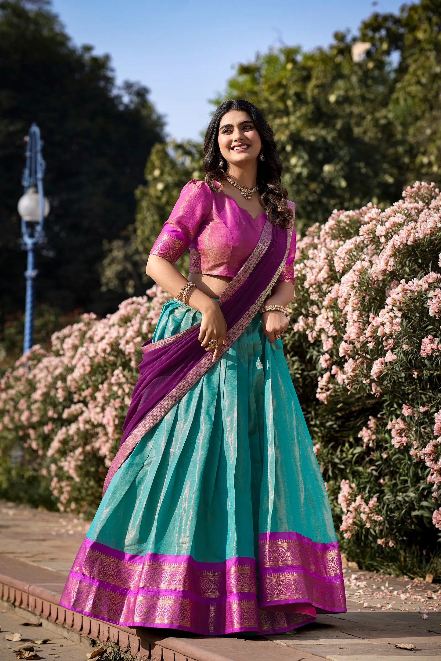 Sea Blue Kanchipuram Lehenga Choli