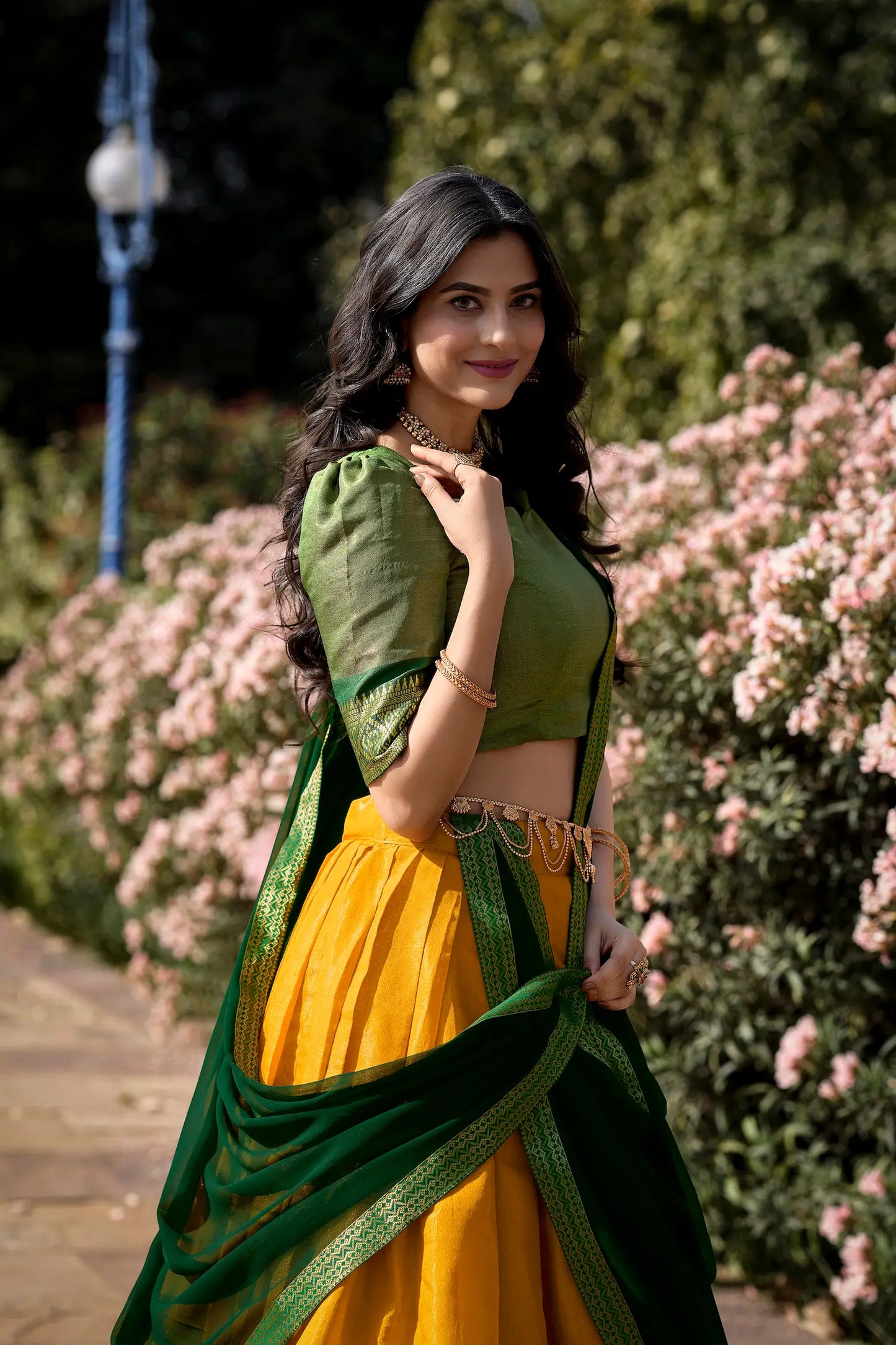 Bee Yellow Kanchipuram Lehenga Choli