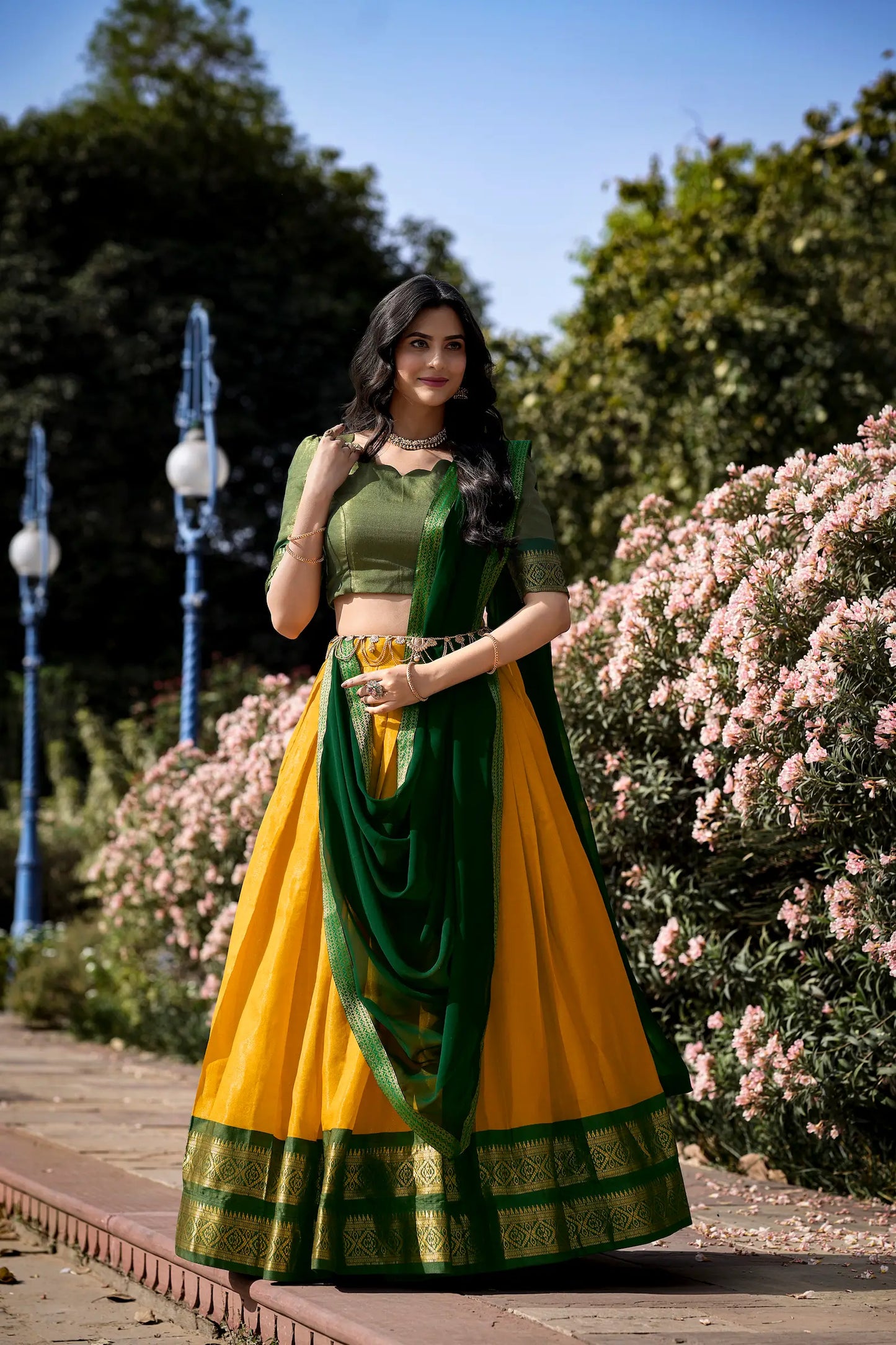 Bee Yellow Kanchipuram Lehenga Choli