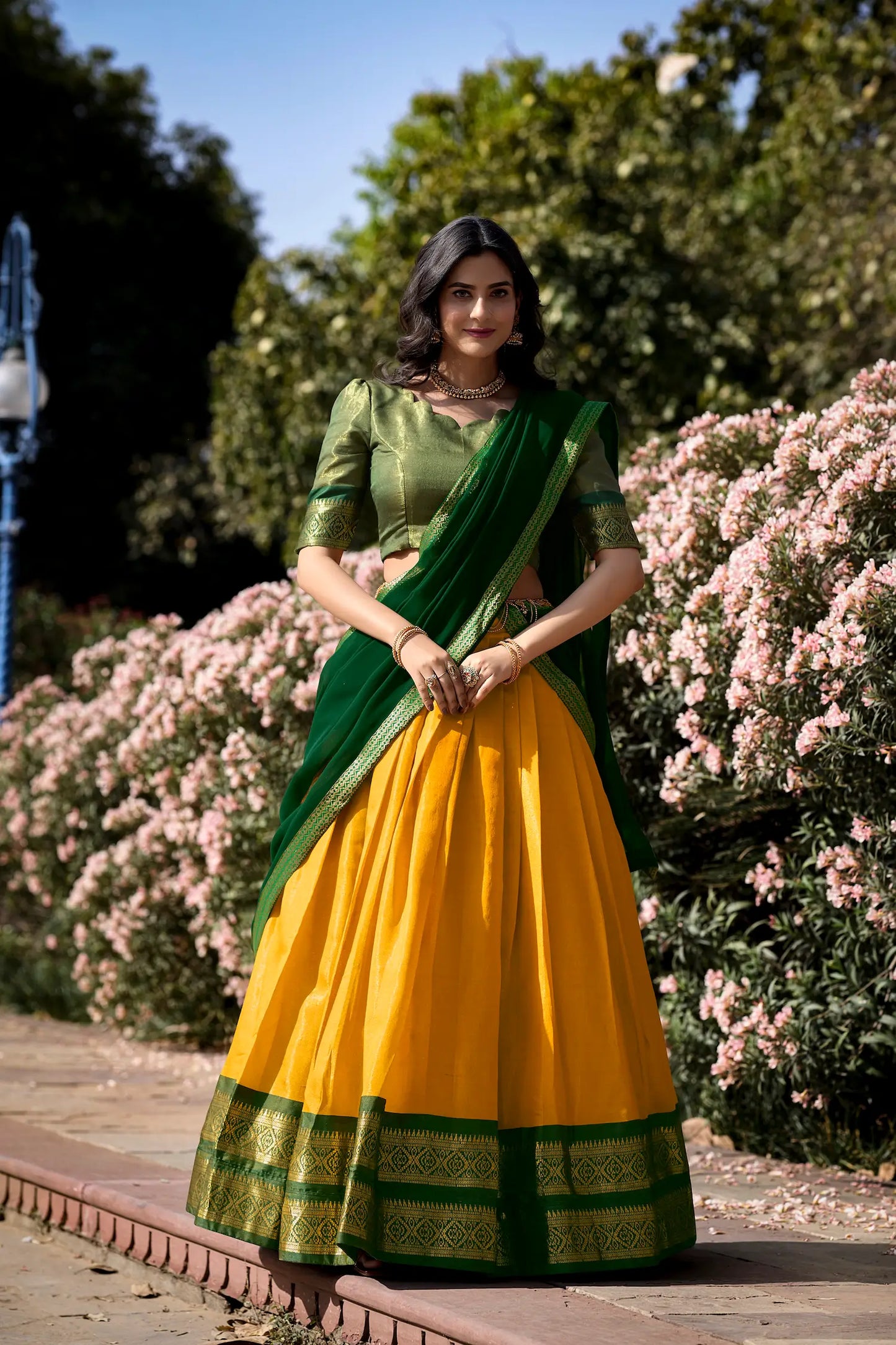 Bee Yellow Kanchipuram Lehenga Choli