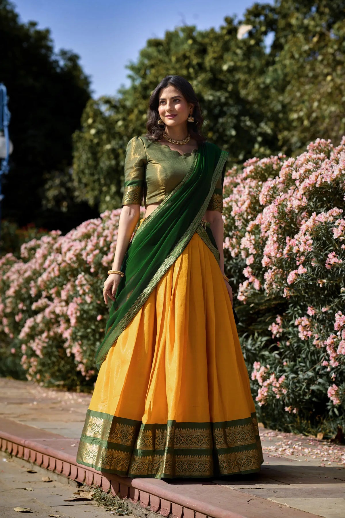 Bee Yellow Kanchipuram Lehenga Choli