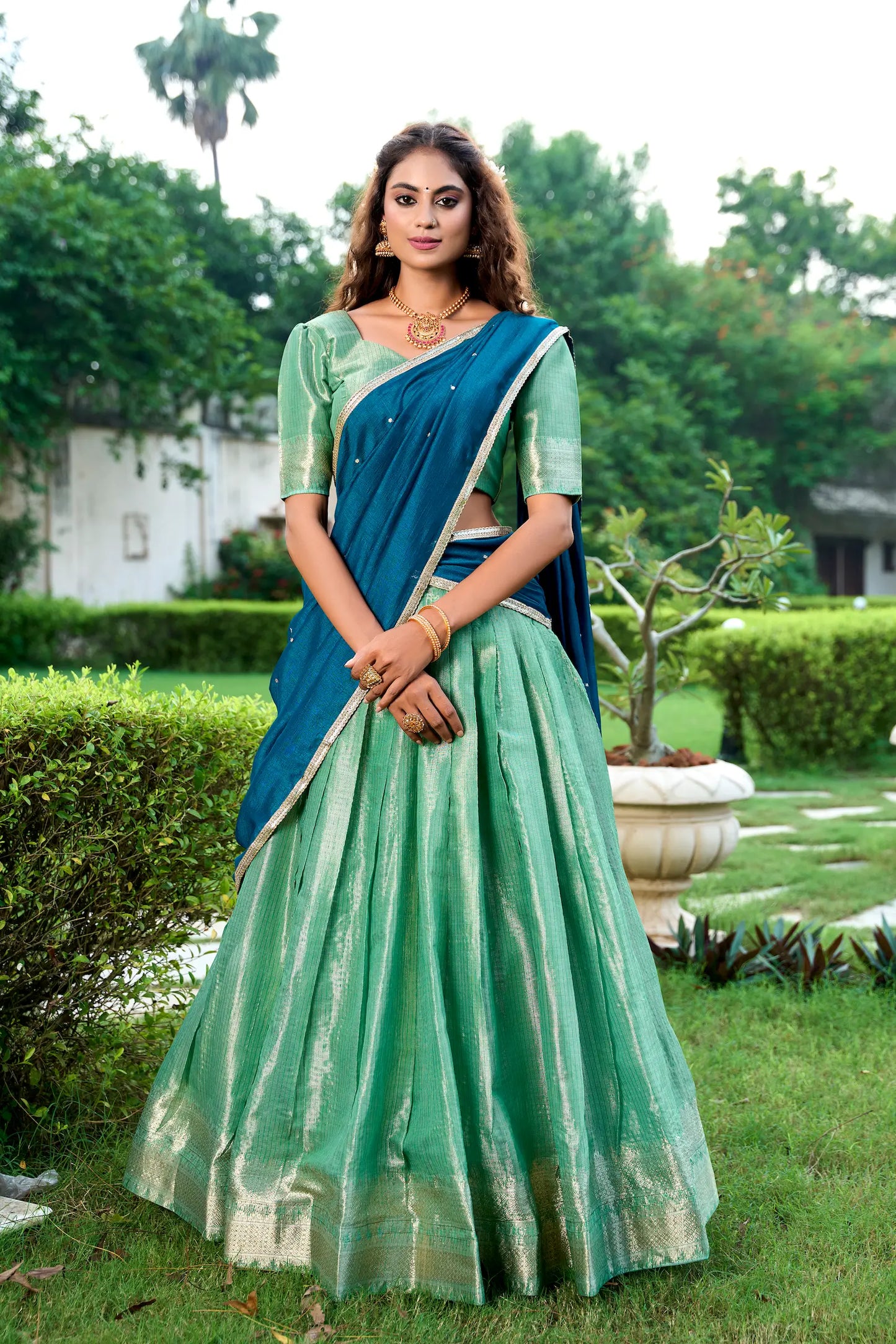 Sea Green Kanchipuram Zari Weaving Work Lehenga Choli