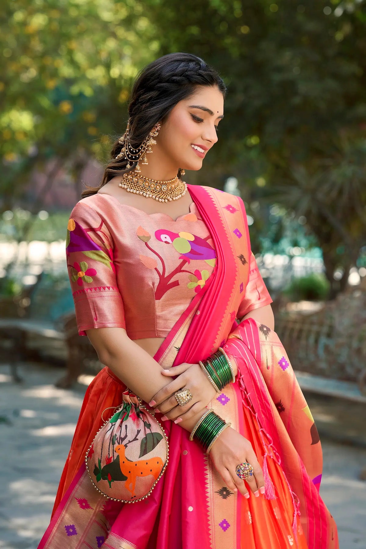 Orange Jacquard Silk Lehenga Choli With Zari Weaving  Work