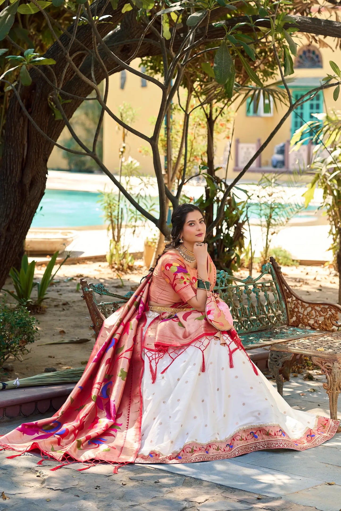 White Jacquard Silk Lehenga Choli With Zari Weaving  Work